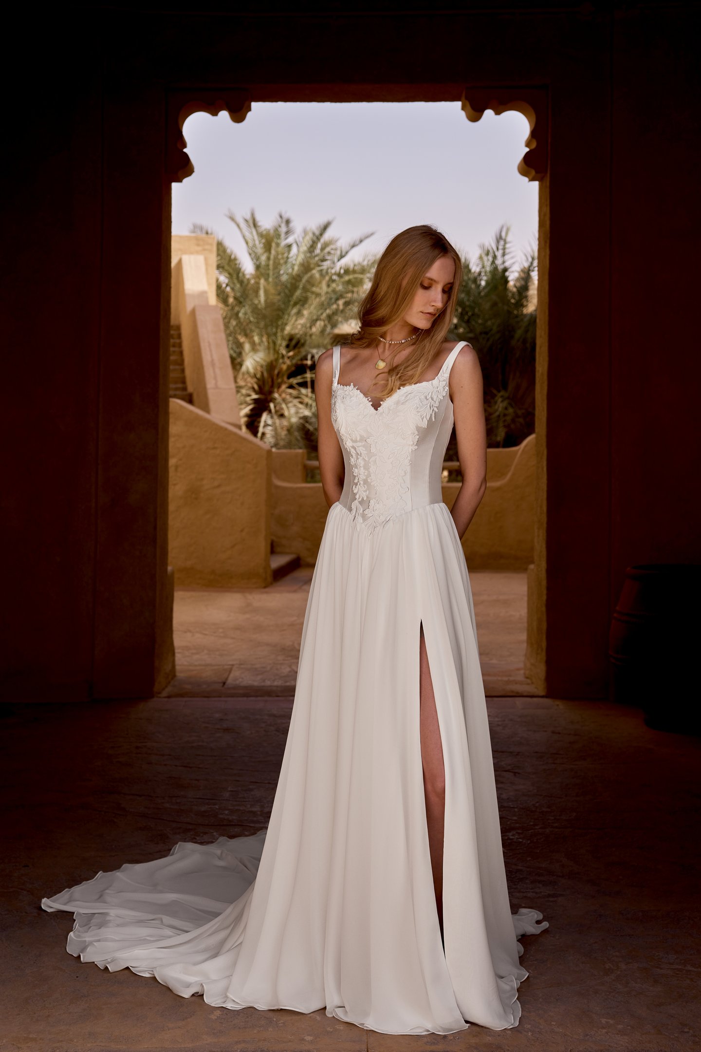 Lillian West Style 66480 A-Line Gown with Mikado Bodice and Chiffon Skirt