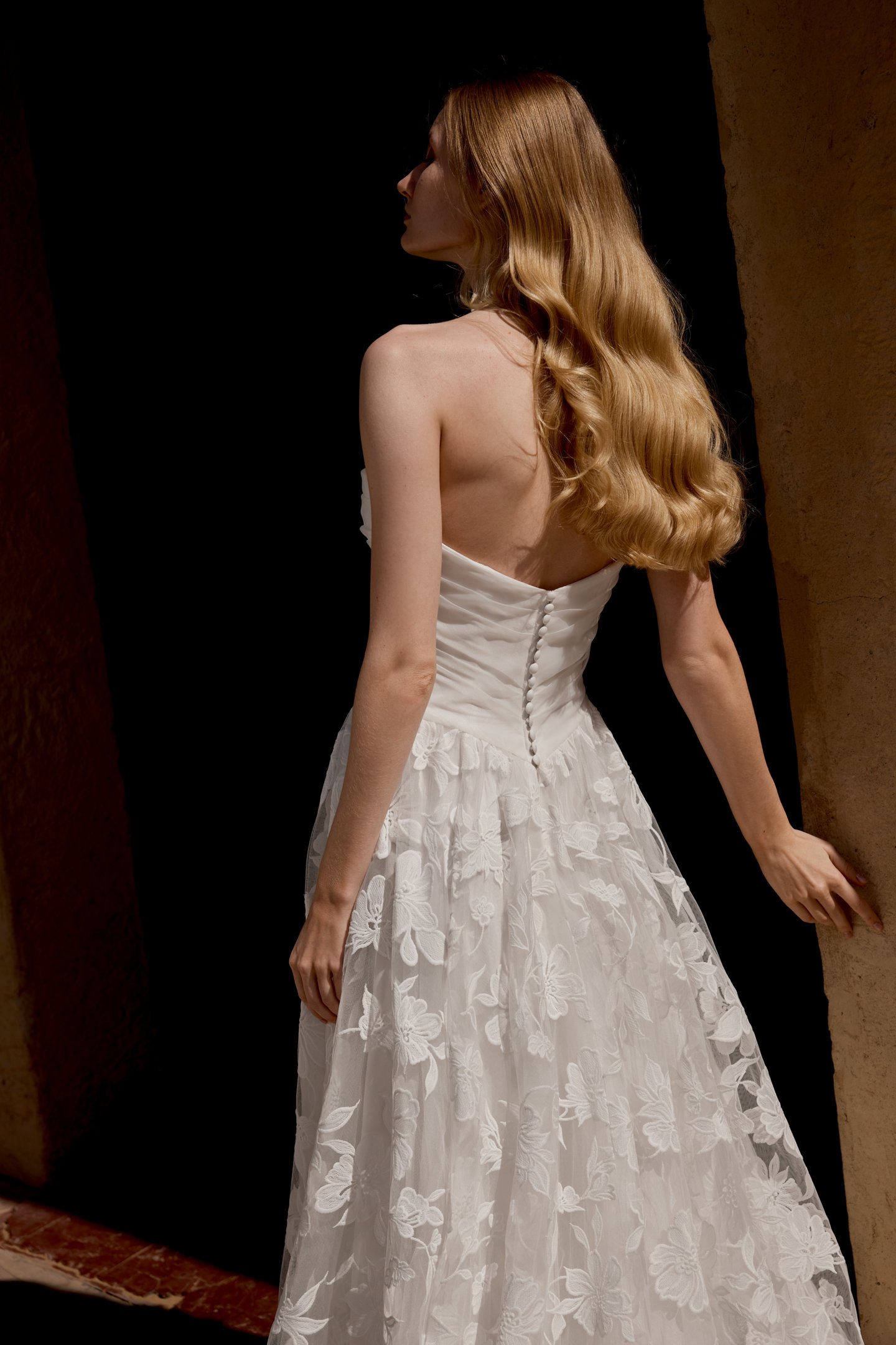 Lillian West Style 66481 Organza and Lace A-Line Bridal Gown with Cat Eye Neckline and Basque Waist