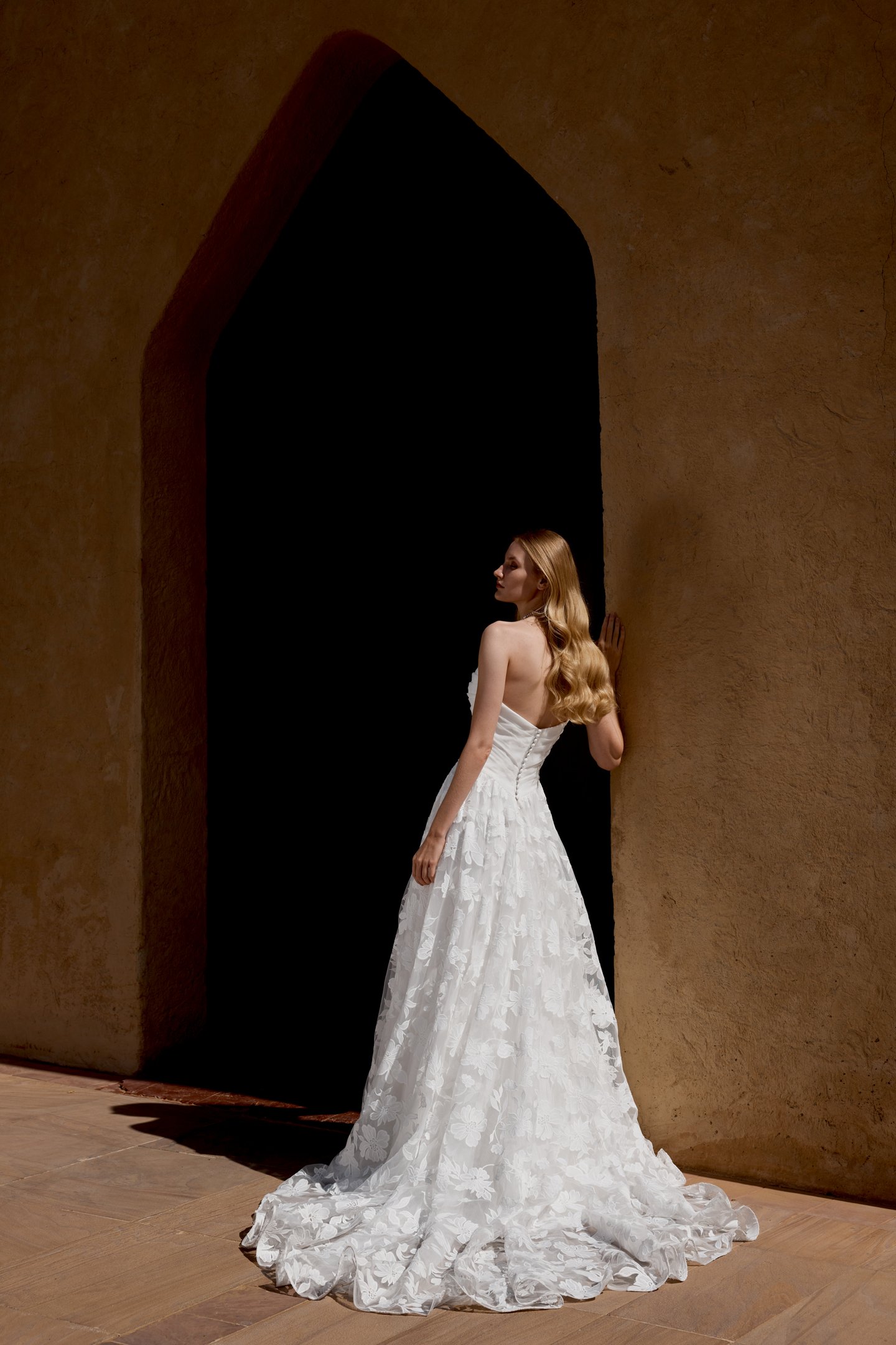 Lillian West Style 66481 Organza and Lace A-Line Bridal Gown with Cat Eye Neckline and Basque Waist