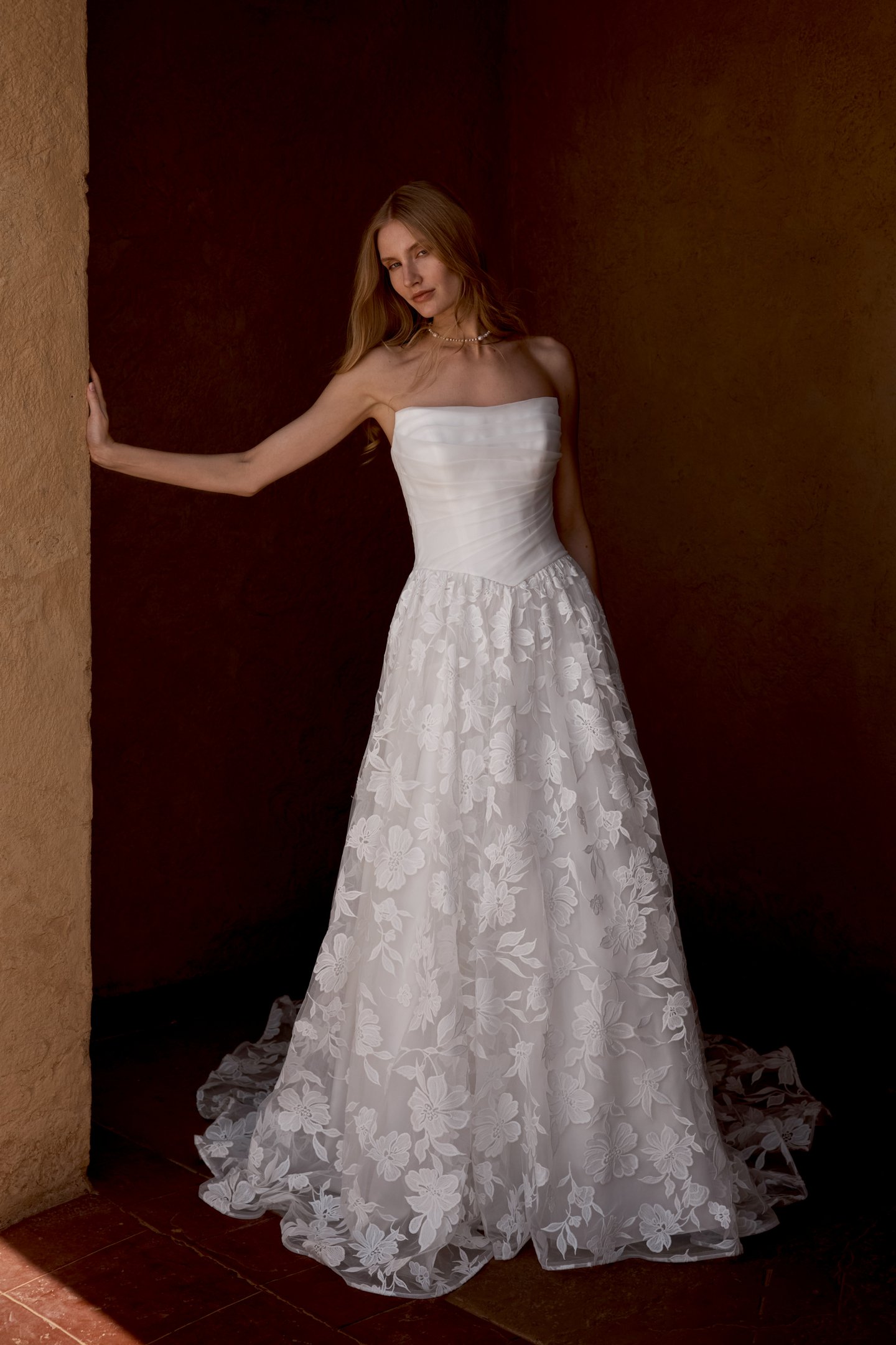 Lillian West Style 66481 Organza and Lace A-Line Bridal Gown with Cat Eye Neckline and Basque Waist