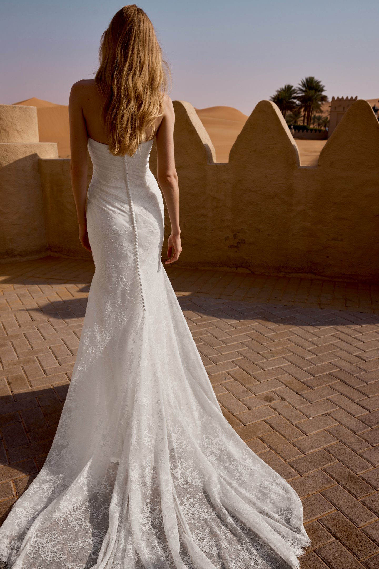 Lillian West Style 66482 Allover Chantilly Lace Fit and Flare with Asymmetrical Pleating on Bodice and Basque Waistline