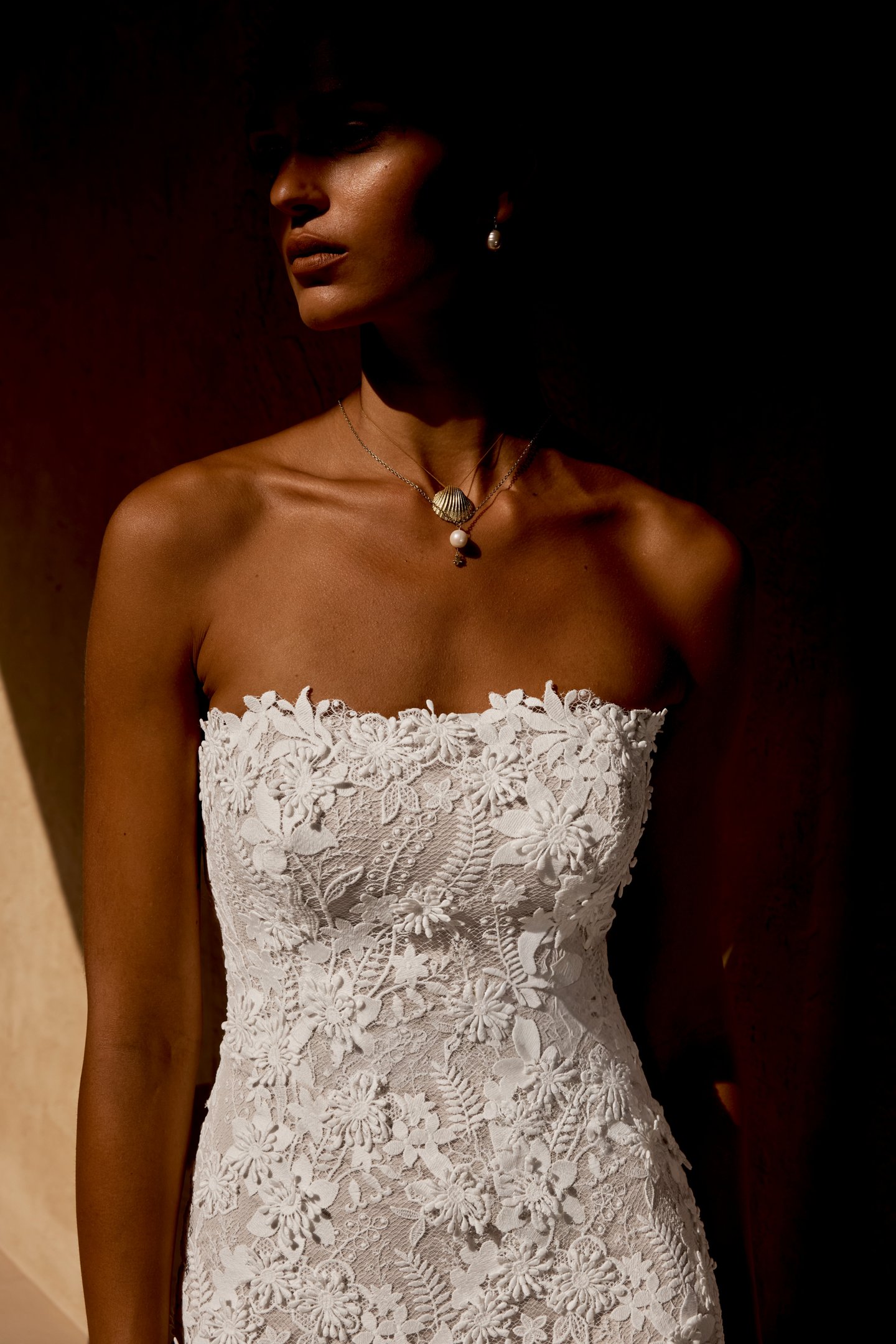 Lillian West Style 66486 Allover Embroidered Lace Fit and Flare Bridal Gown with Strapless Straight Neckline and 3D Floral Lace Appliqués