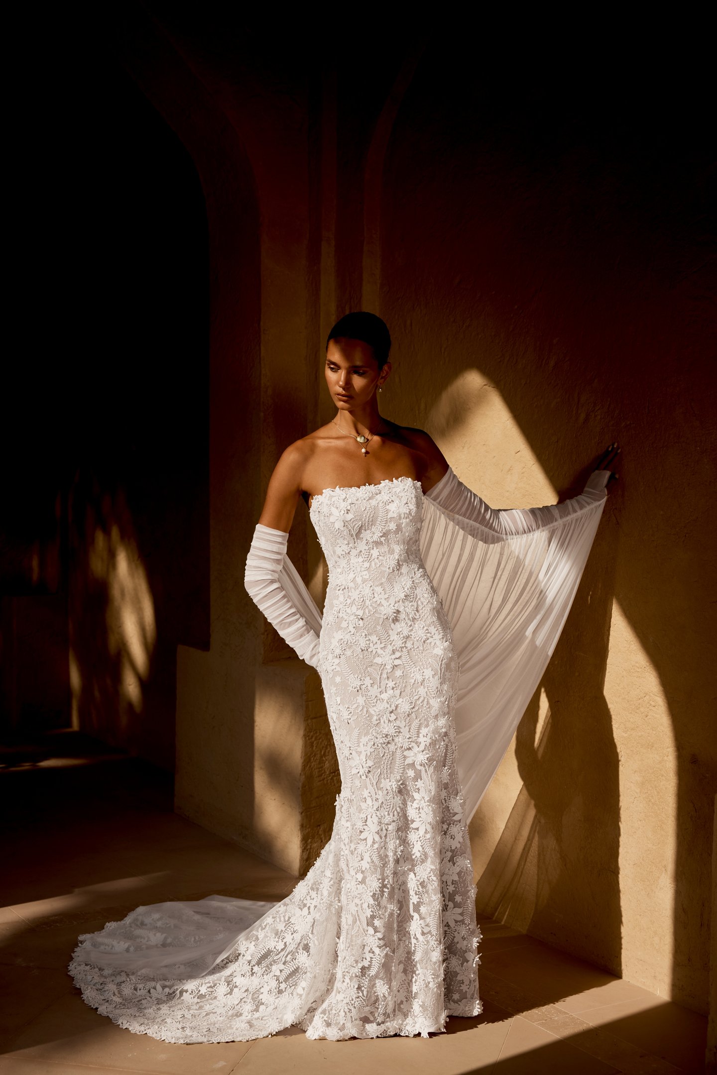 Lillian West Style 66486 Allover Embroidered Lace Fit and Flare Bridal Gown with Strapless Straight Neckline and 3D Floral Lace Appliqués