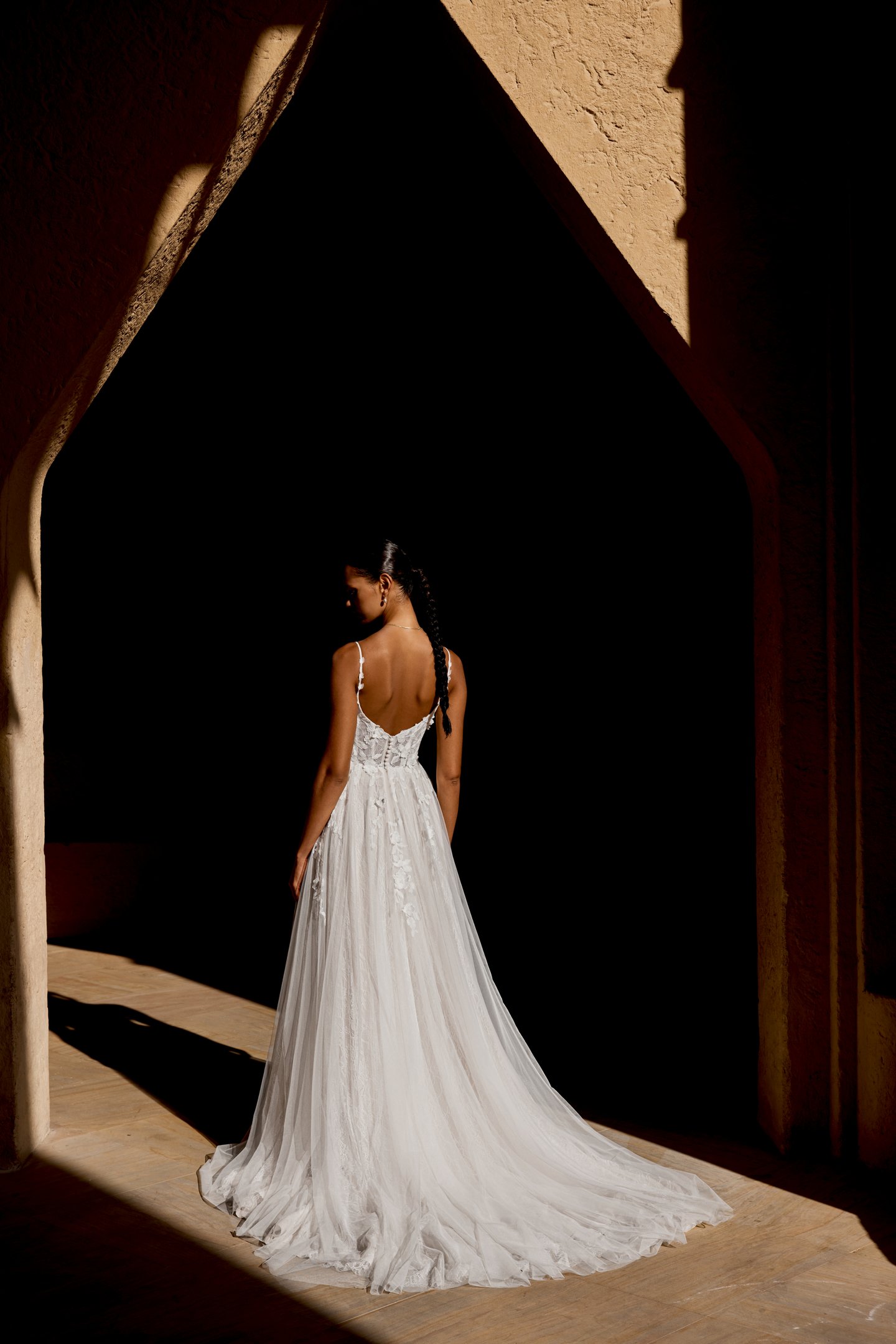 Lillian West Style 66487 Tulle A-Line Gown with Bikini Neckline with Spaghetti Straps and Matte 3D Floral Lace Appliqués
