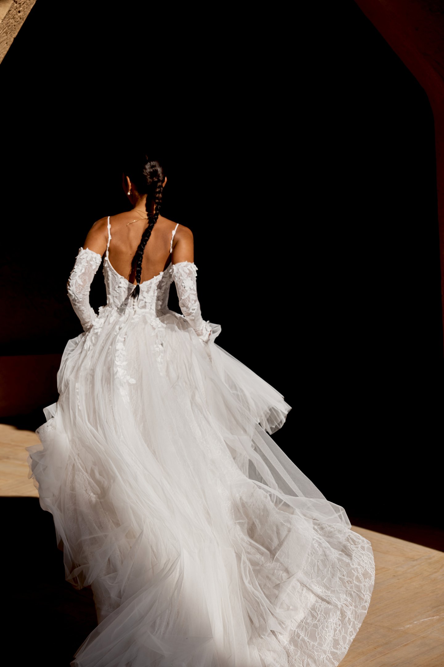 Lillian West Style 66487 Tulle A-Line Gown with Bikini Neckline with Spaghetti Straps and Matte 3D Floral Lace Appliqués
