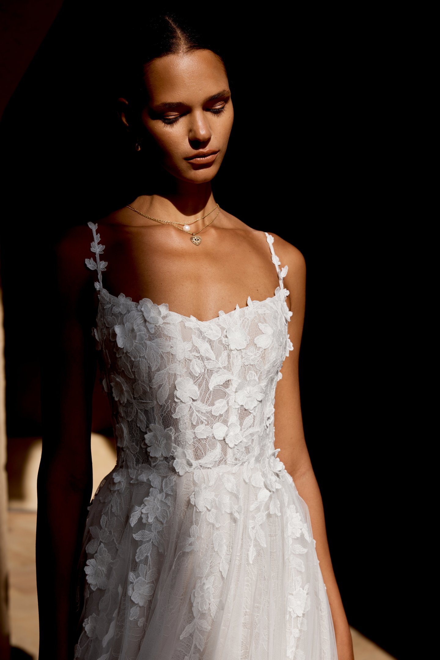 Lillian West Style 66487 Tulle A-Line Gown with Bikini Neckline with Spaghetti Straps and Matte 3D Floral Lace Appliqués