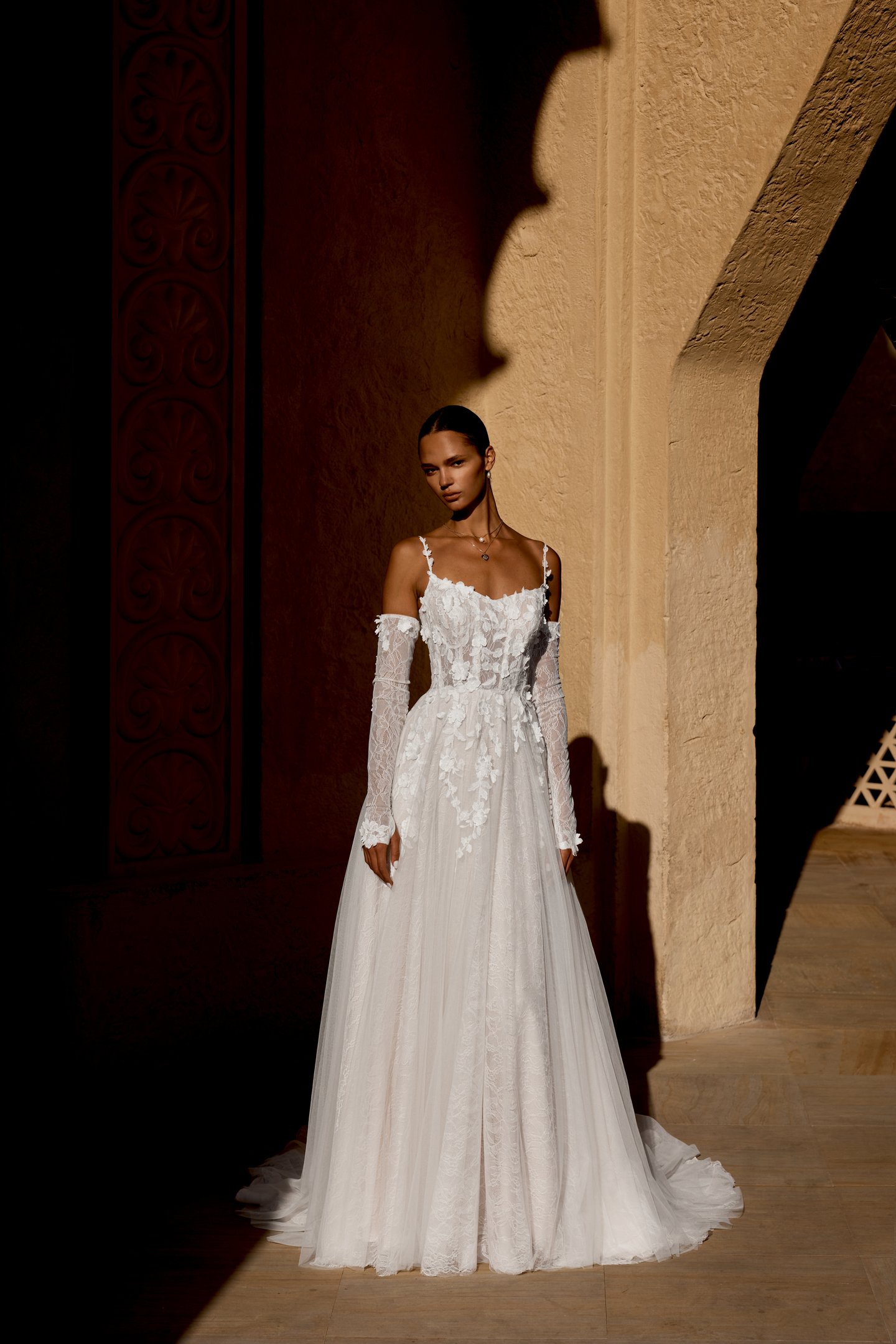 Lillian West Style 66487SL Chantilly Lace Detachable Long Sleeves Adorned with Matte 3D Floral Appliqués