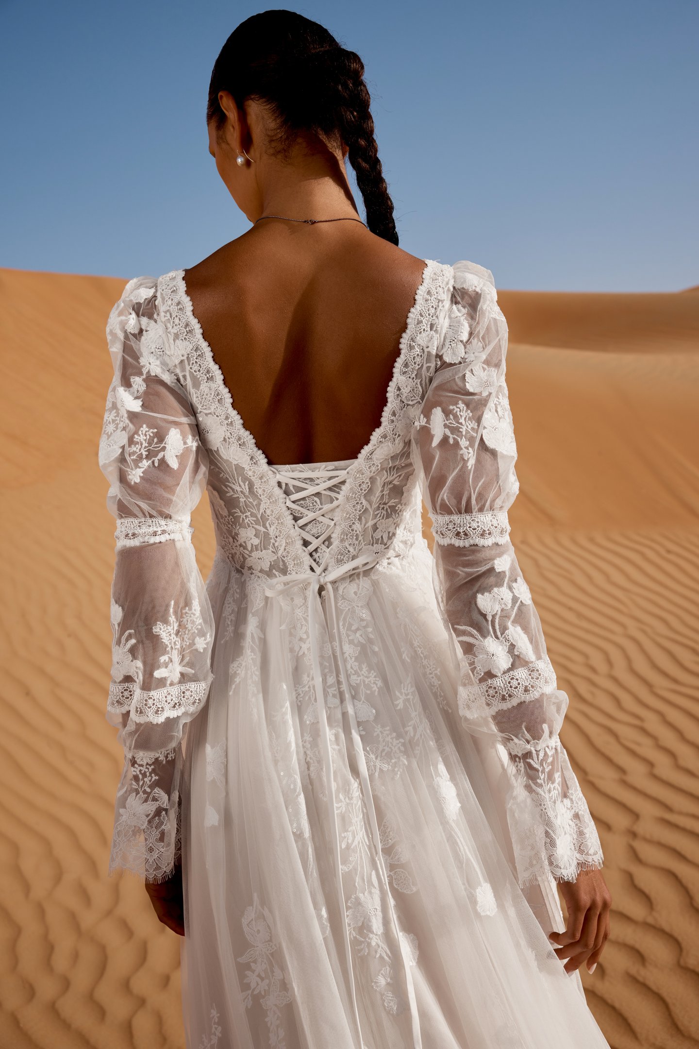 Lillian West Style 66489 Tulle A-Line Bridal Gown with Plunging V-Neckline, Poet Sleeves, and Sheer Bodice
