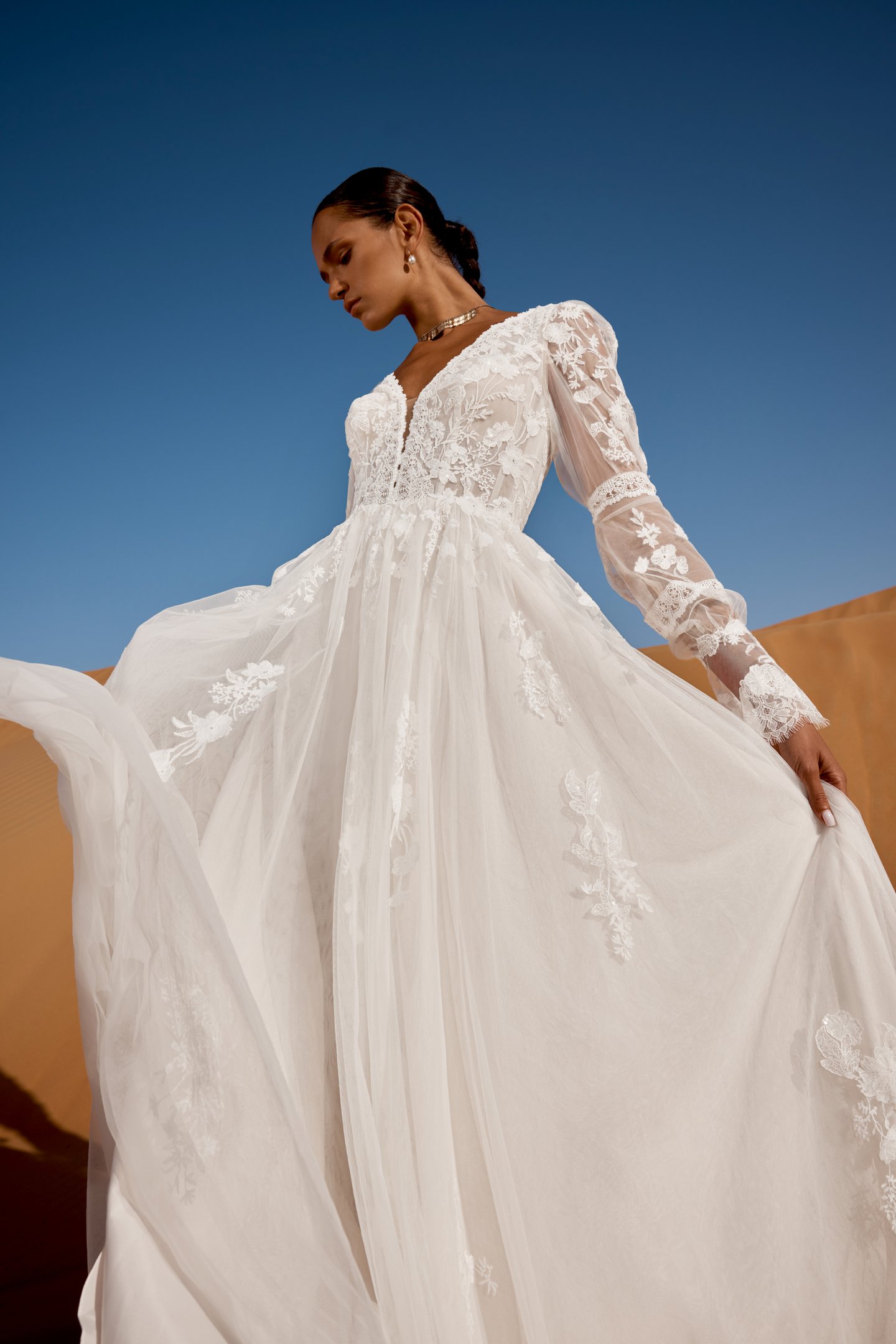 Lillian West Style 66489 Tulle A-Line Bridal Gown with Plunging V-Neckline, Poet Sleeves, and Sheer Bodice