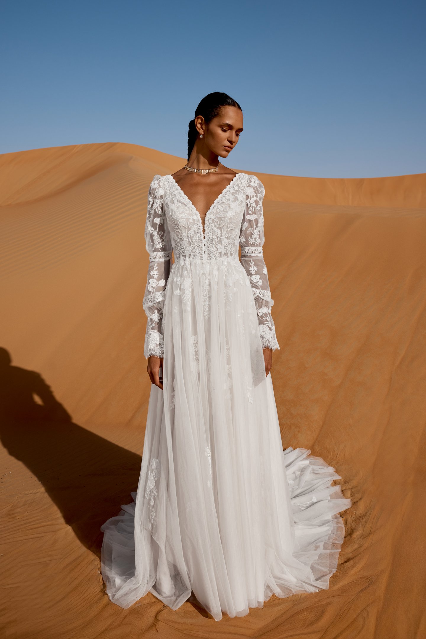 Lillian West Style 66489 Tulle A-Line Bridal Gown with Plunging V-Neckline, Poet Sleeves, and Sheer Bodice