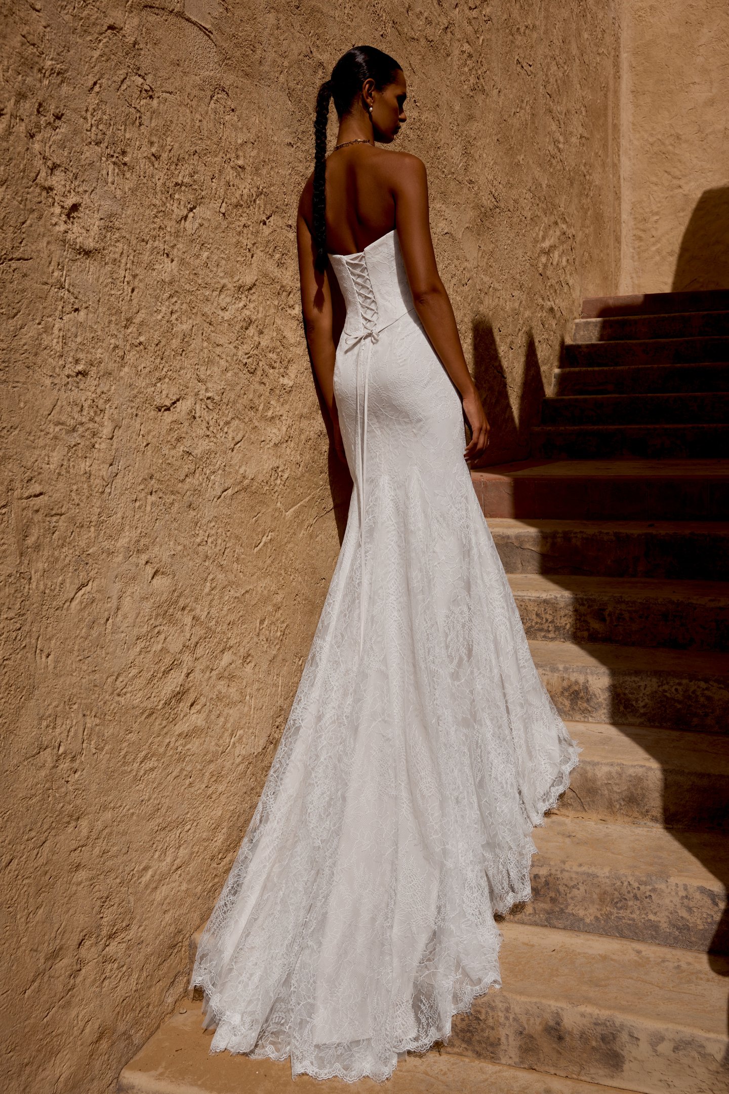 Lillian West Style 66490 Faux Two Piece Chantilly Lace Fit and Flare Gown with Basque Waistline