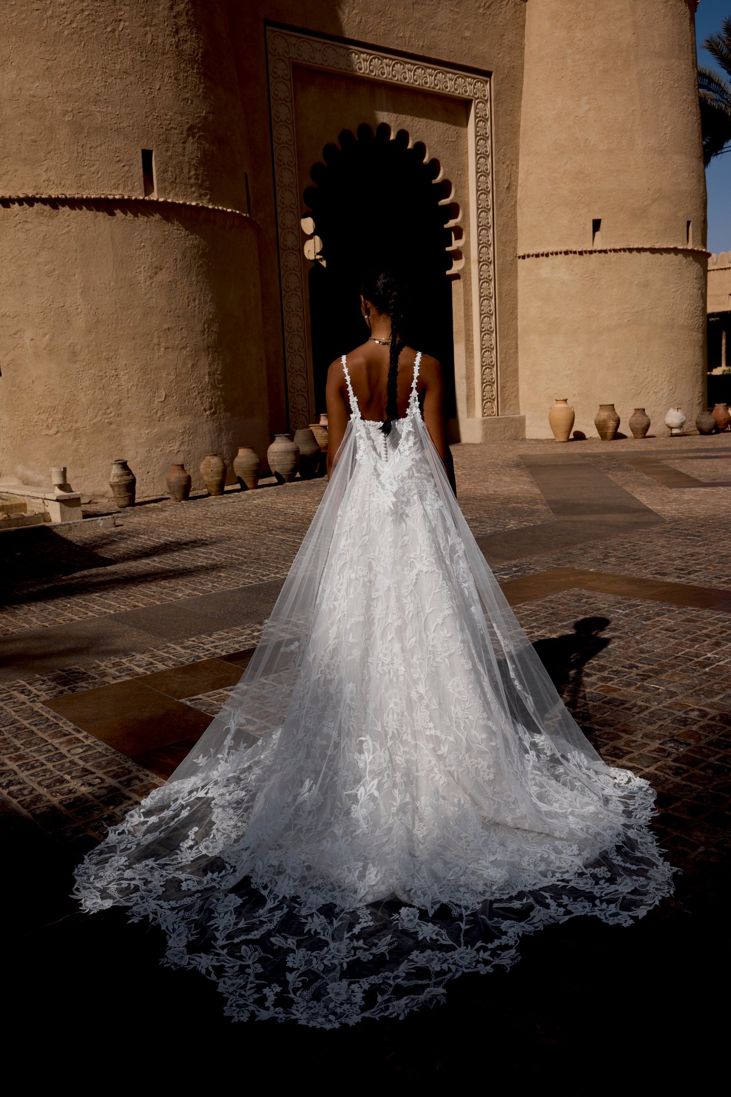 Lillian West Style 66491C Detachable Tulle Cape Featuring Embroidered Matte Lace Appliqués