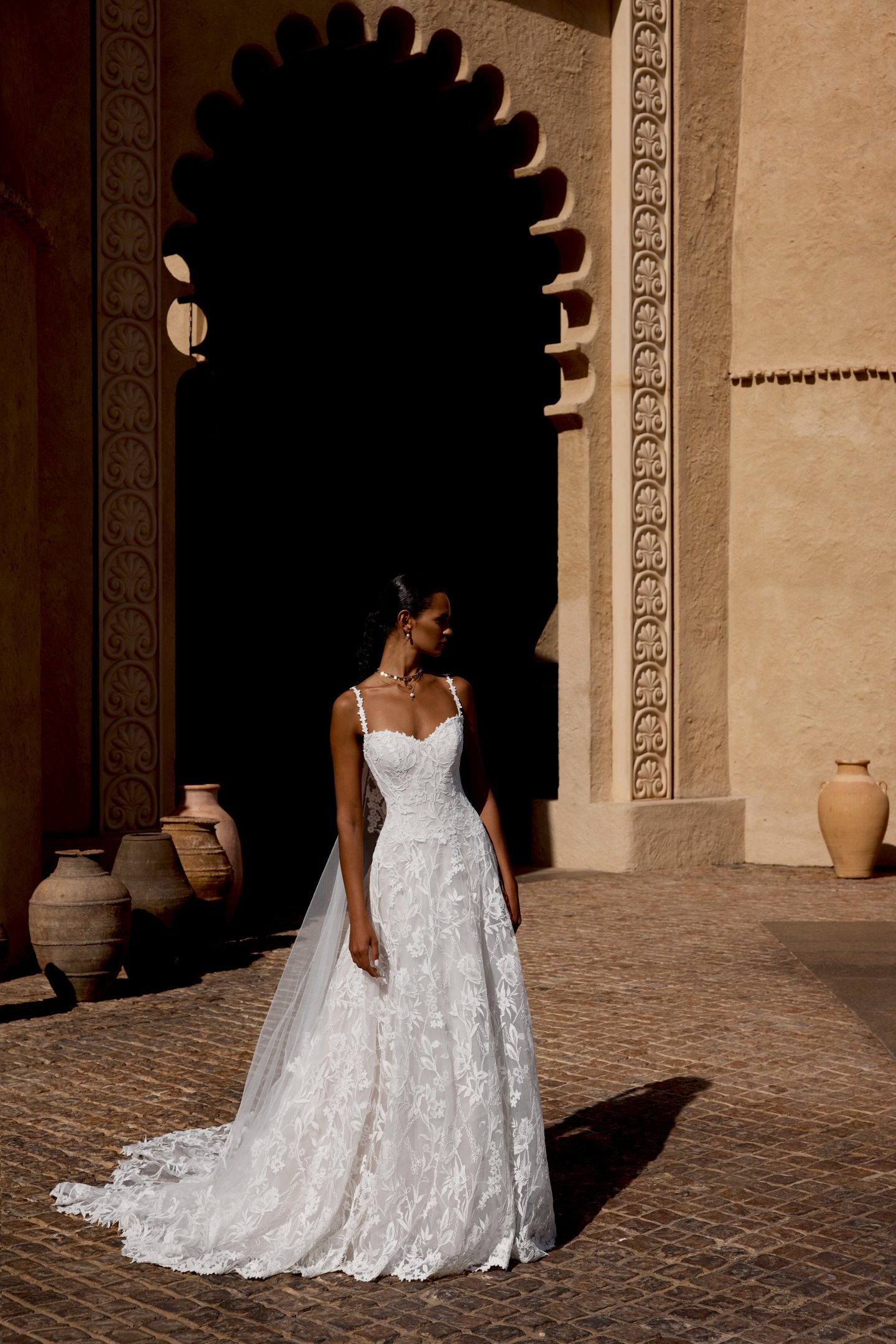 Lillian West Style 66491C Detachable Tulle Cape Featuring Embroidered Matte Lace Appliqués