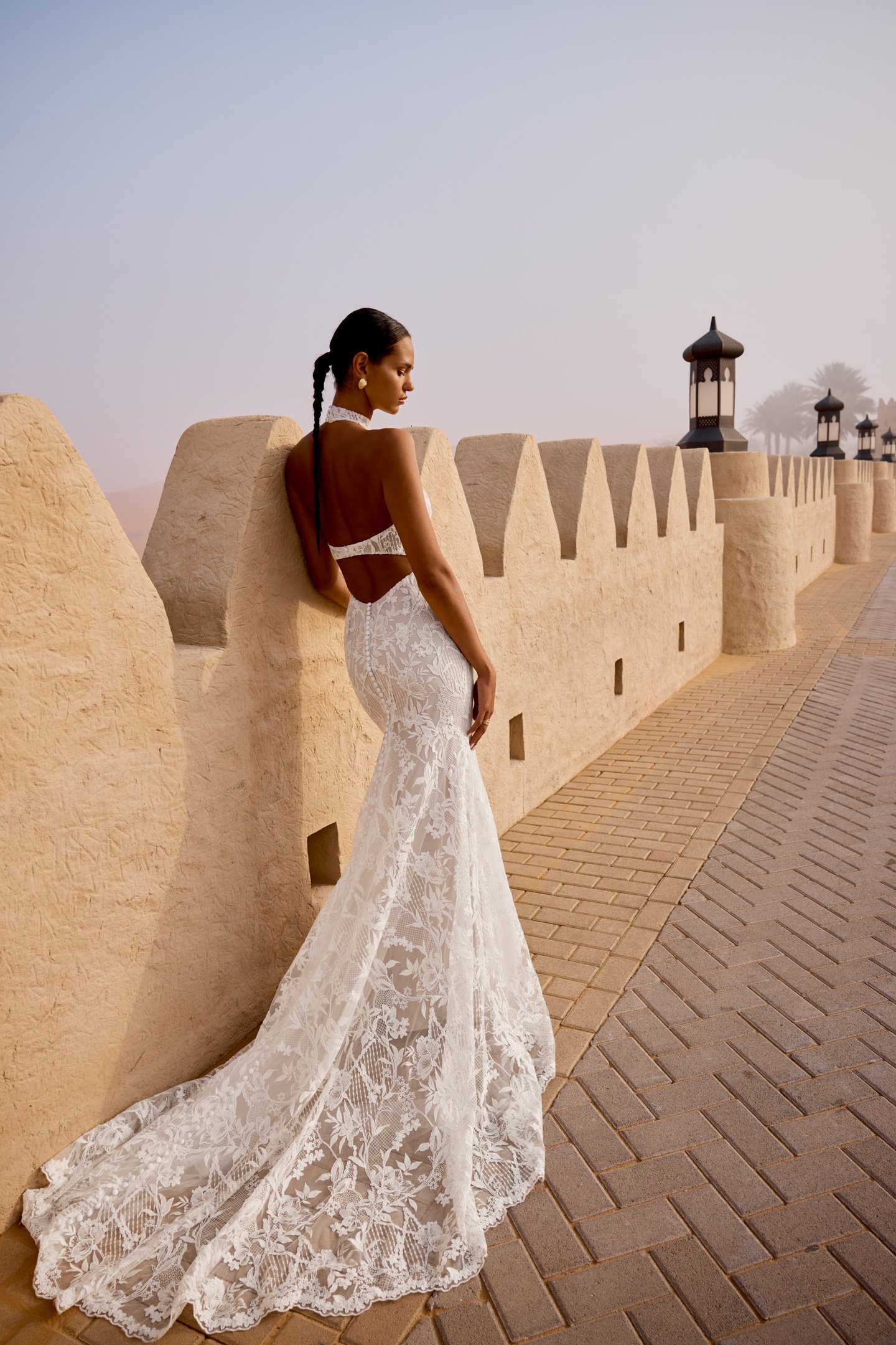 Lillian West Style 66492 Matte Lace Fit and Flare Gown with Halter Neckline and Keyhole Back