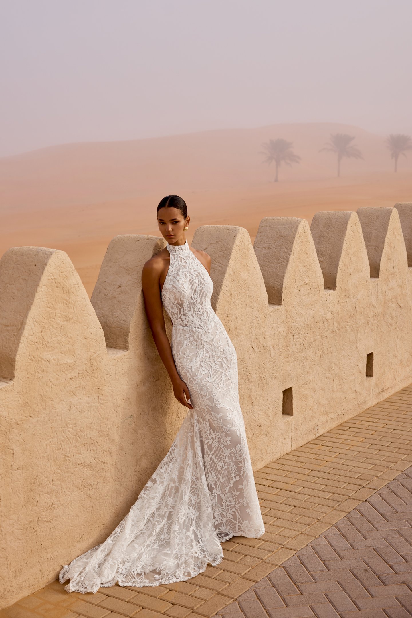 Lillian West Style 66492 Matte Lace Fit and Flare Gown with Halter Neckline and Keyhole Back