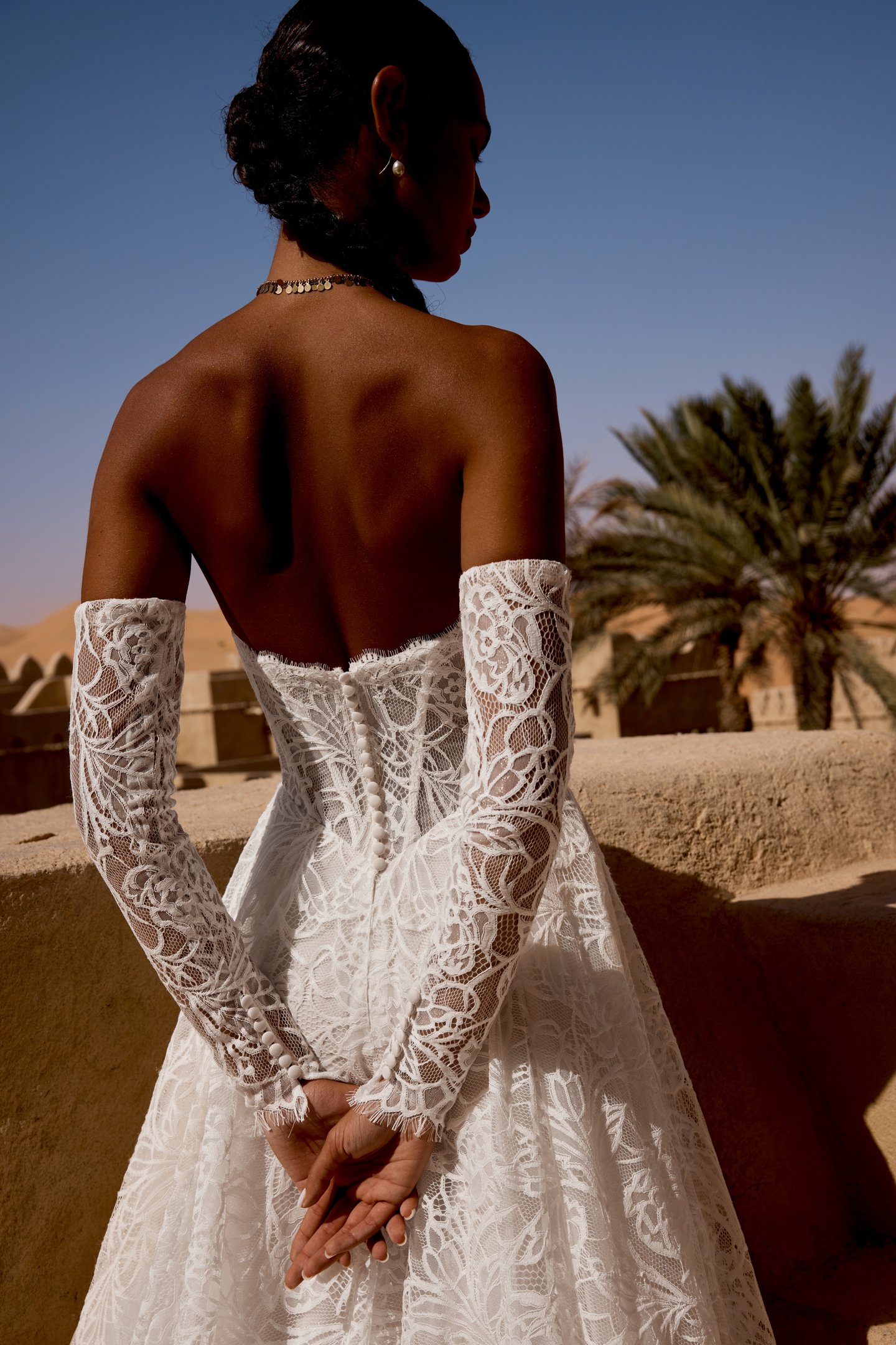 Lillian West Style 66494 Mate Allover Lace A-Line Gown with Strapless Notch Neckline and Eyelash Trim Details