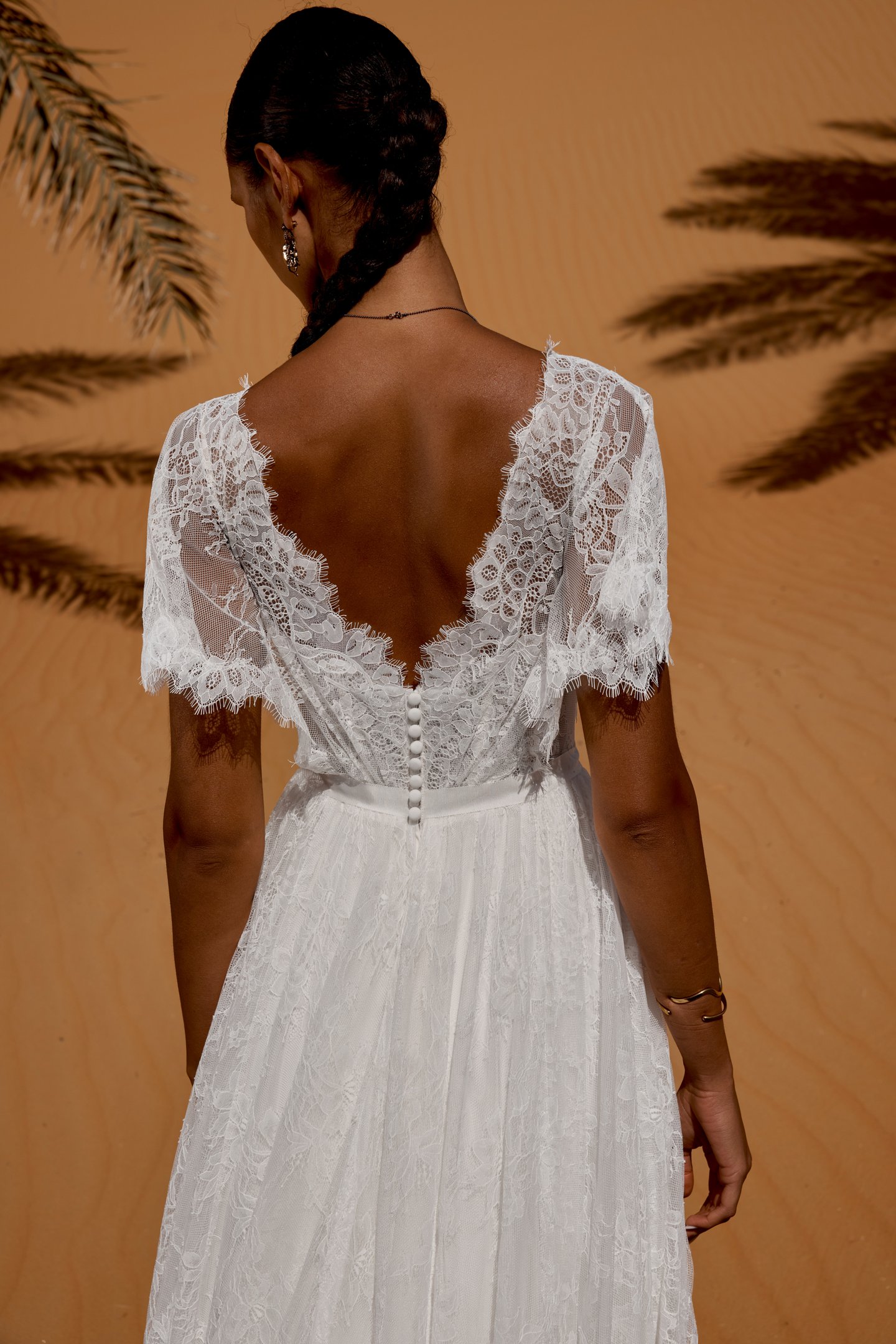 Lillian West Style 66495 Allover Lace A-Line Gown with Inverted Neckline and Flutter Sleeves
