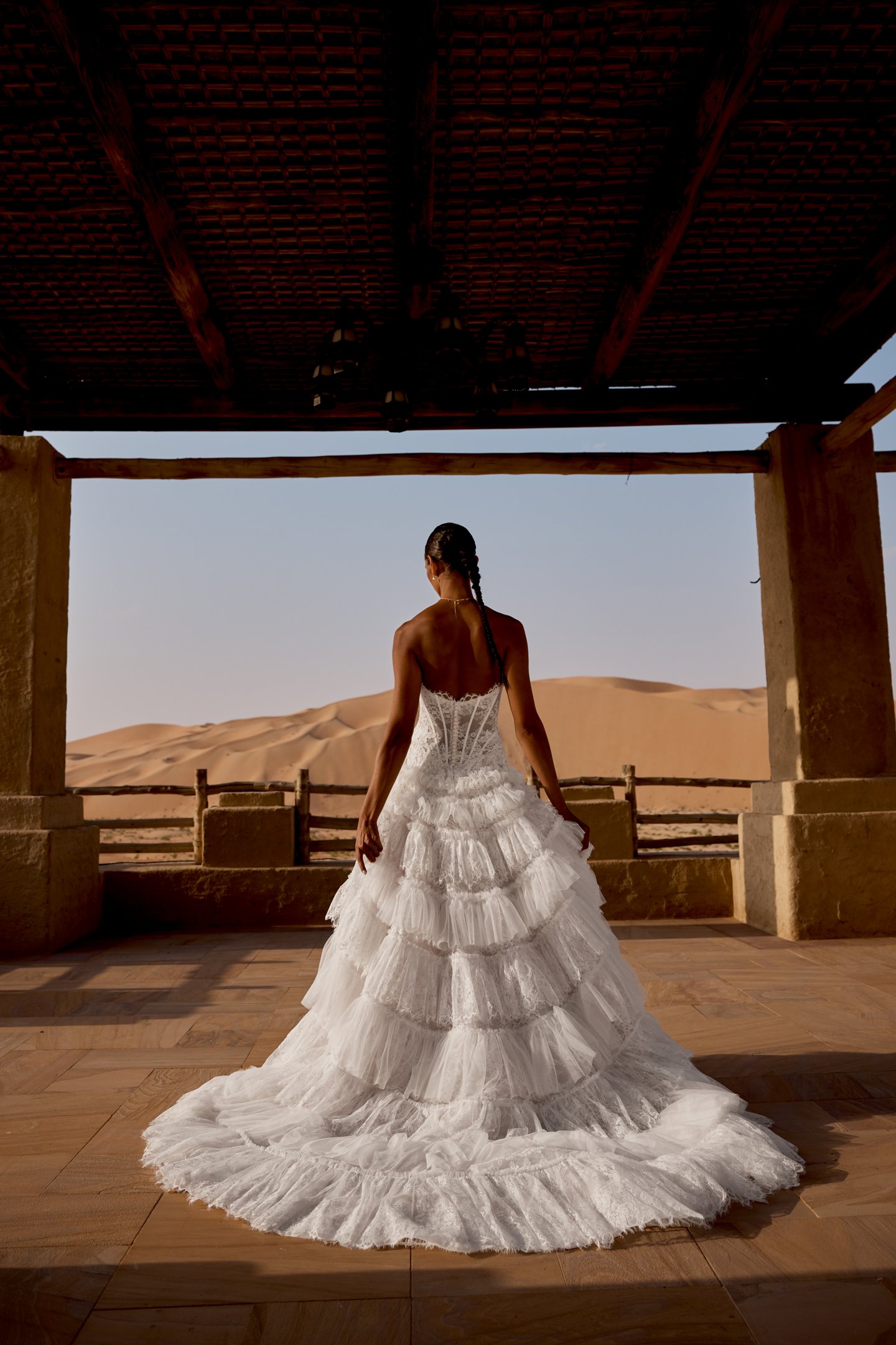 Lillian West Style 66497 Allover Lace Ball Gown with Sheer Bodice and Tiered Ruffled Chantilly Skirt