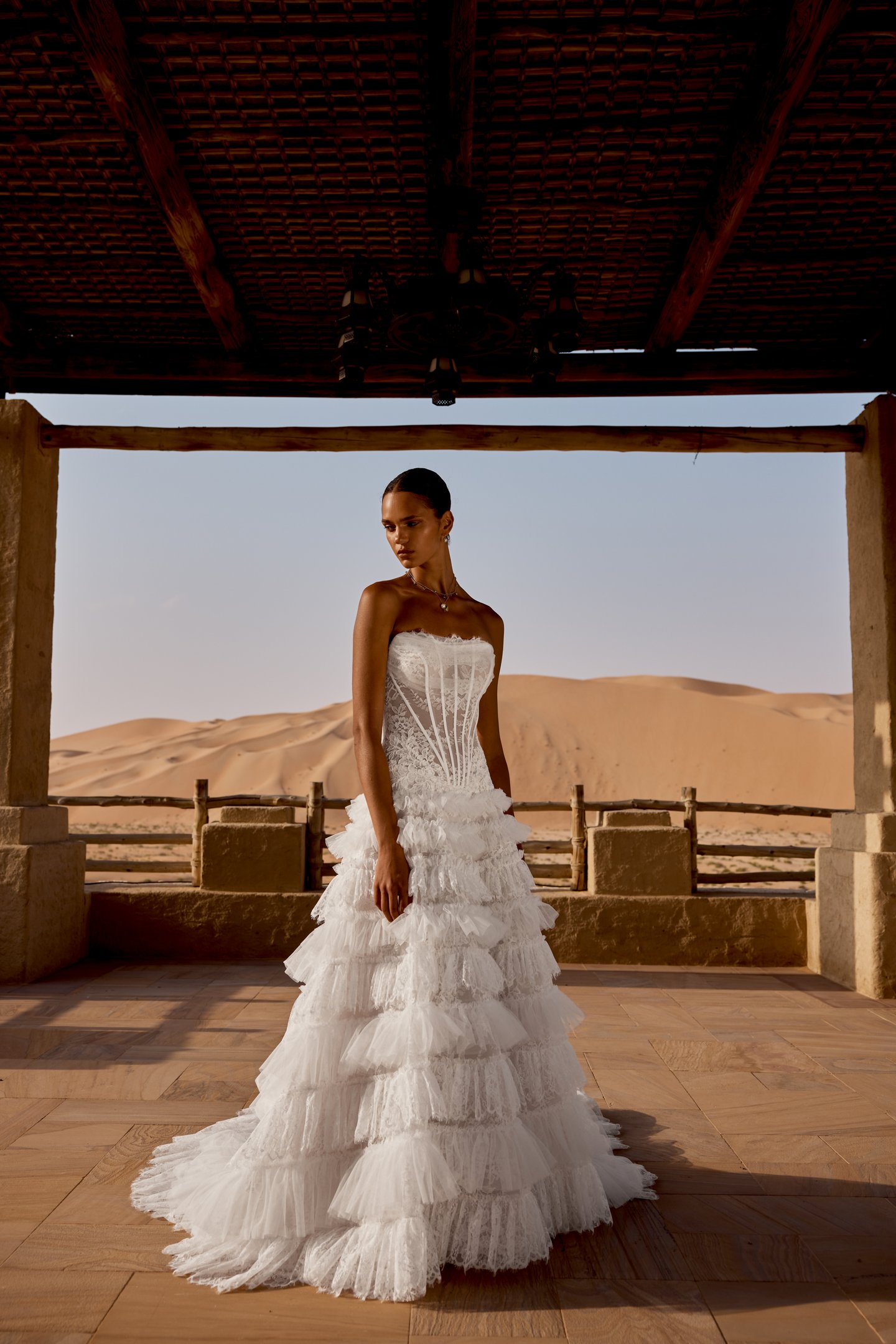 Lillian West Style 66497 Allover Lace Ball Gown with Sheer Bodice and Tiered Ruffled Chantilly Skirt