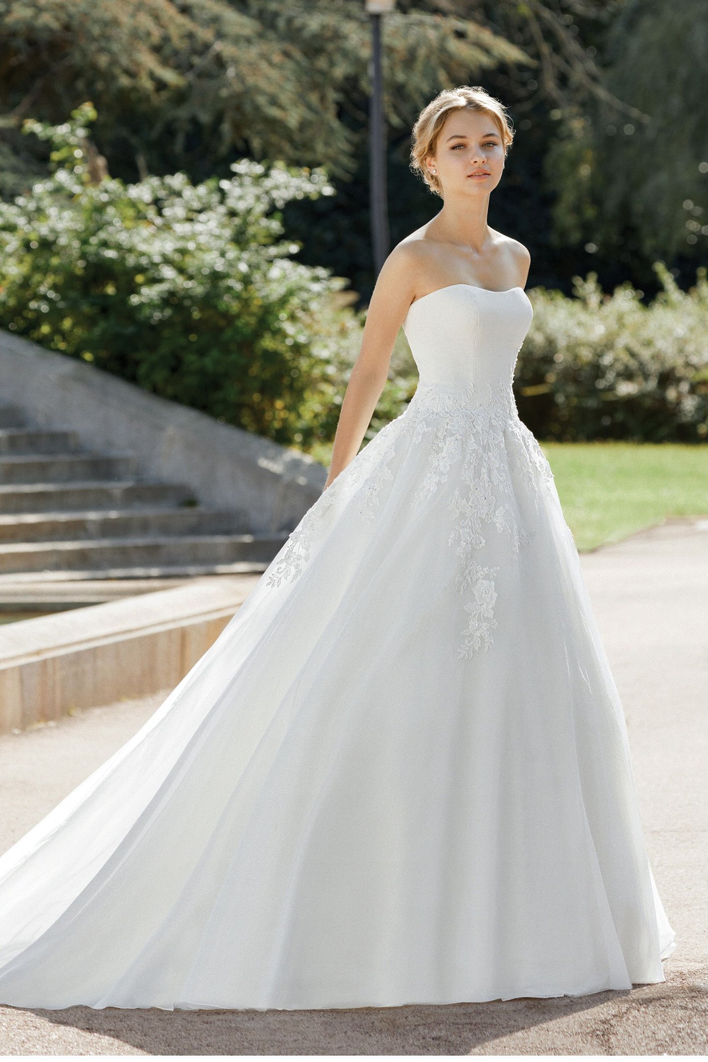 Sincerity style 44113 Strapless Satin and Organza Ball Gown with Lace Applique