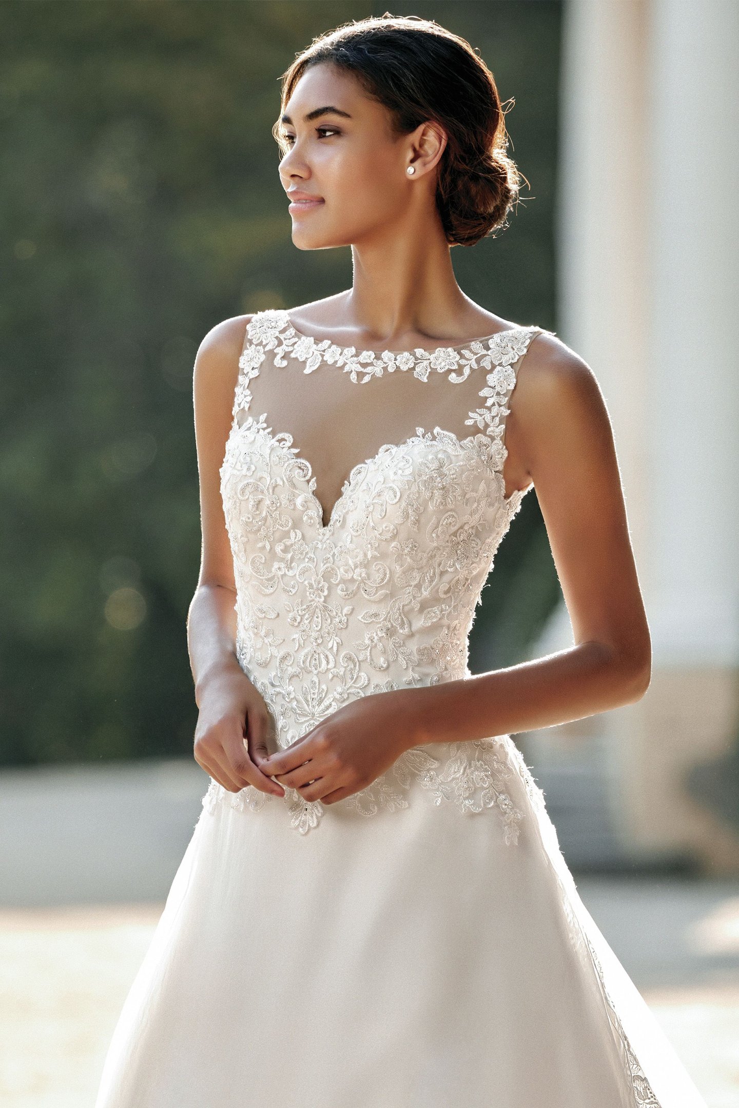 Sincerity style 44116 Illusion Sabrina Organza A-Line Gown with Lace Appliques