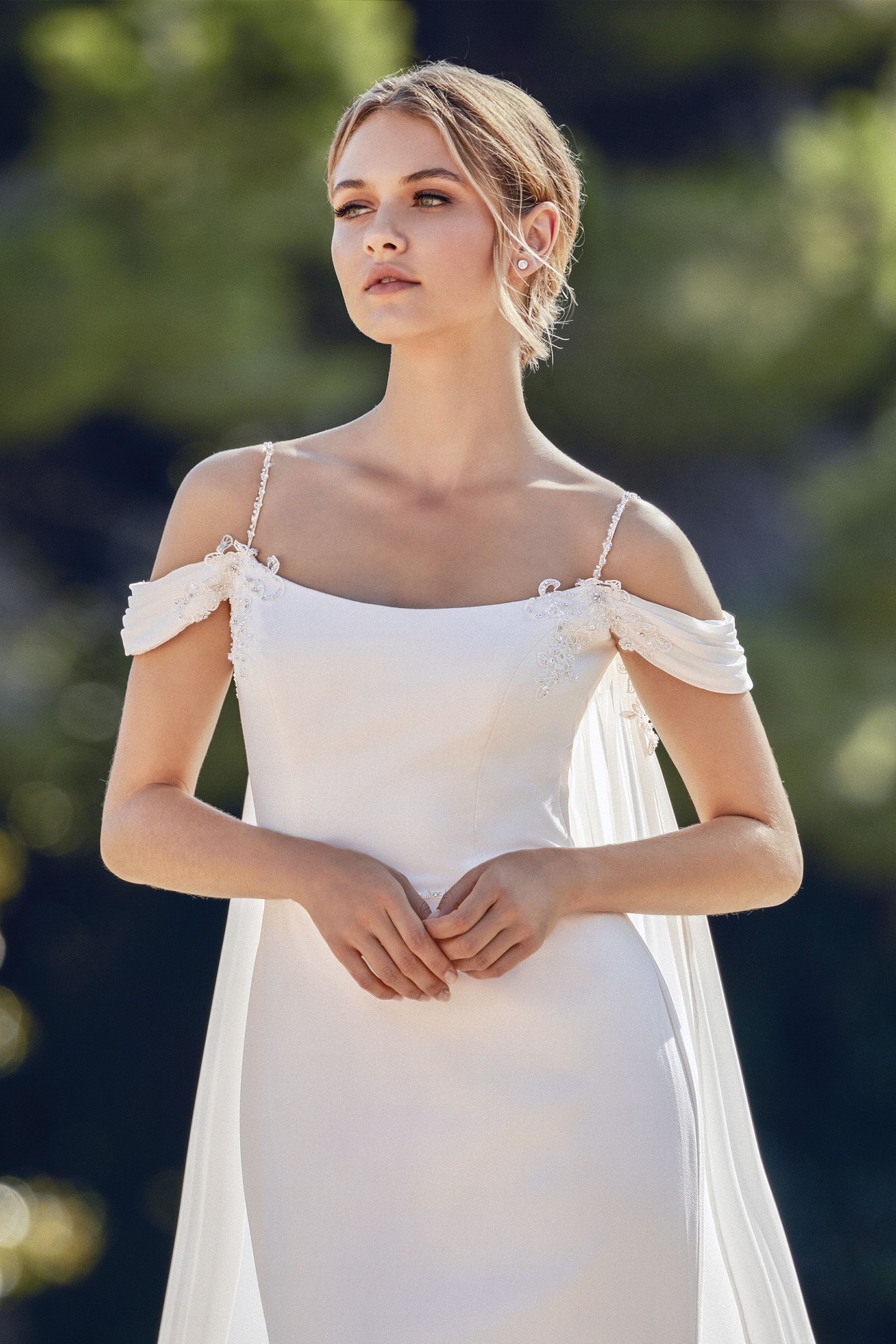 Sincerity style 44129DT Draped Chiffon Detachable Train
