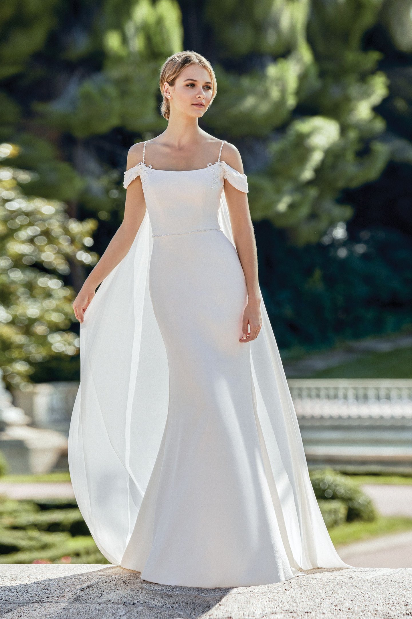 Sincerity style 44129DT Draped Chiffon Detachable Train
