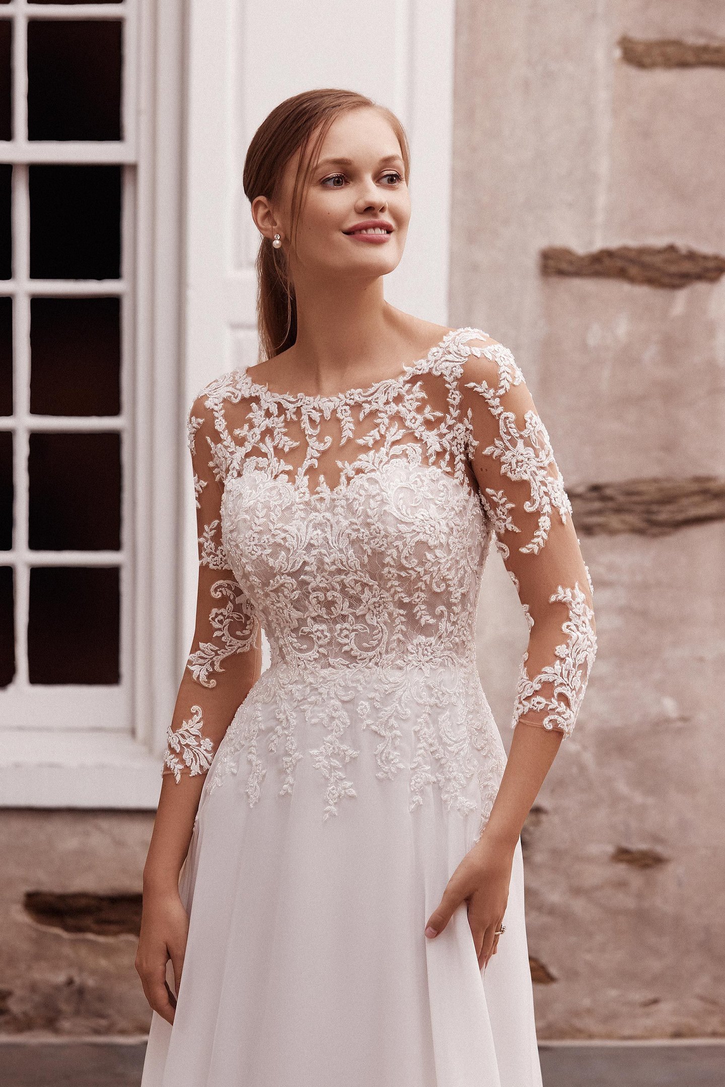 Sincerity Bridal Style 44266 Sabrina Neckline Chiffon Gown with Three Quarter Length Sleeves