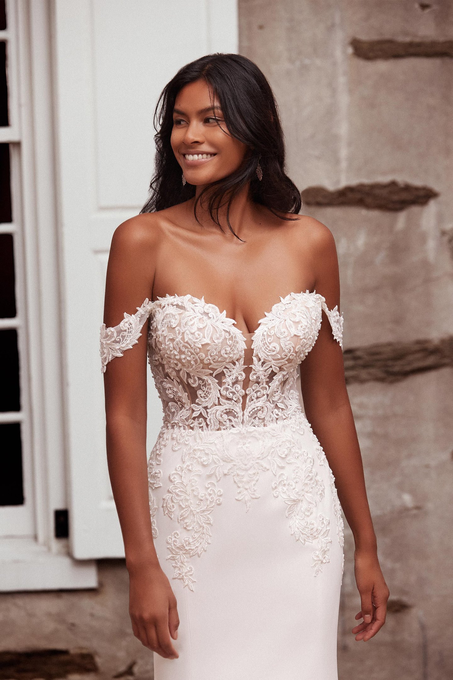 44267: Satin Fit and Flare Gown with Beaded Venice Lace 44267: Satin Fit and Flare Gown with Beaded Venice Lace