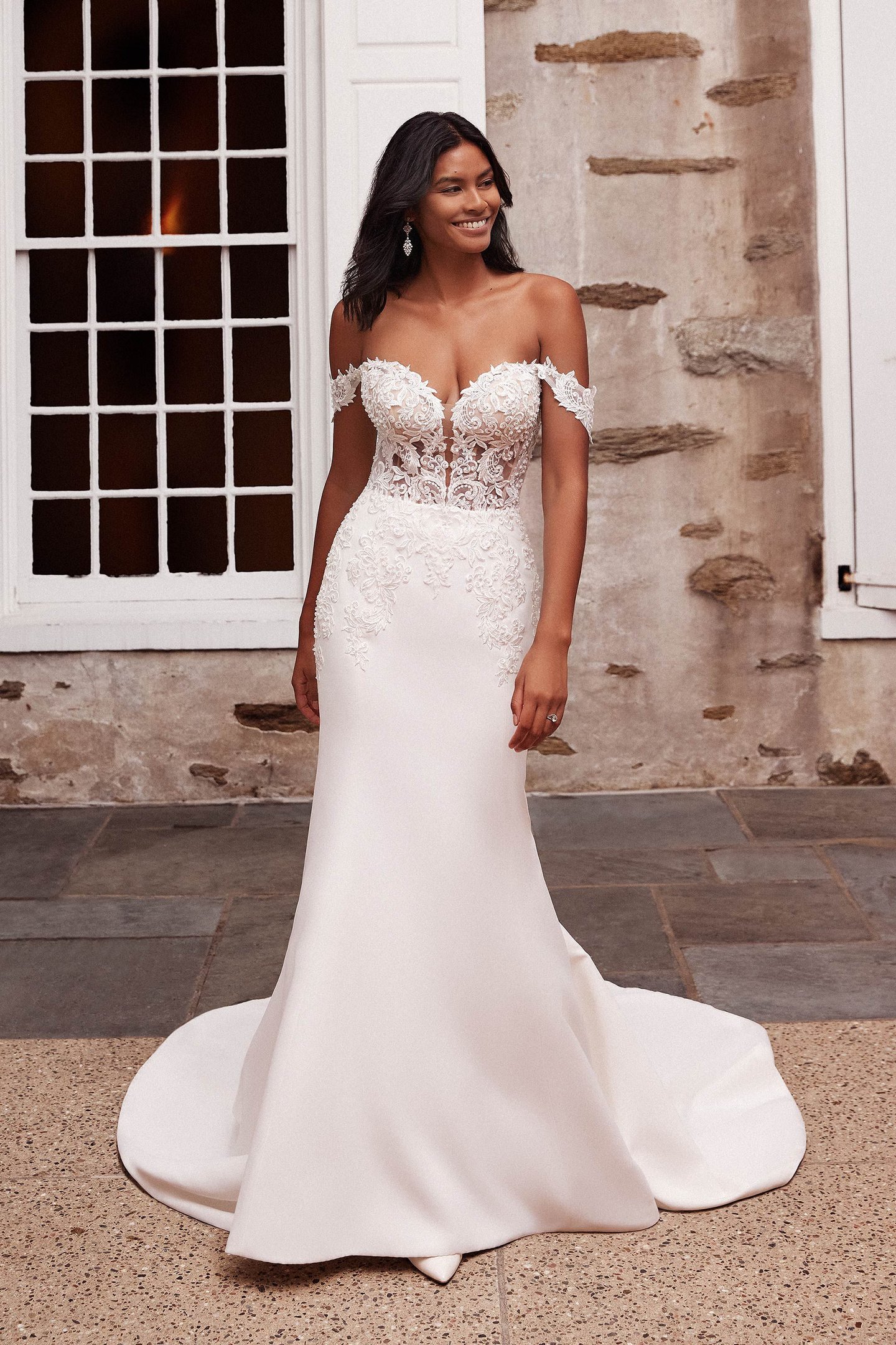 44267: Satin Fit and Flare Gown with Beaded Venice Lace 44267: Satin Fit and Flare Gown with Beaded Venice Lace