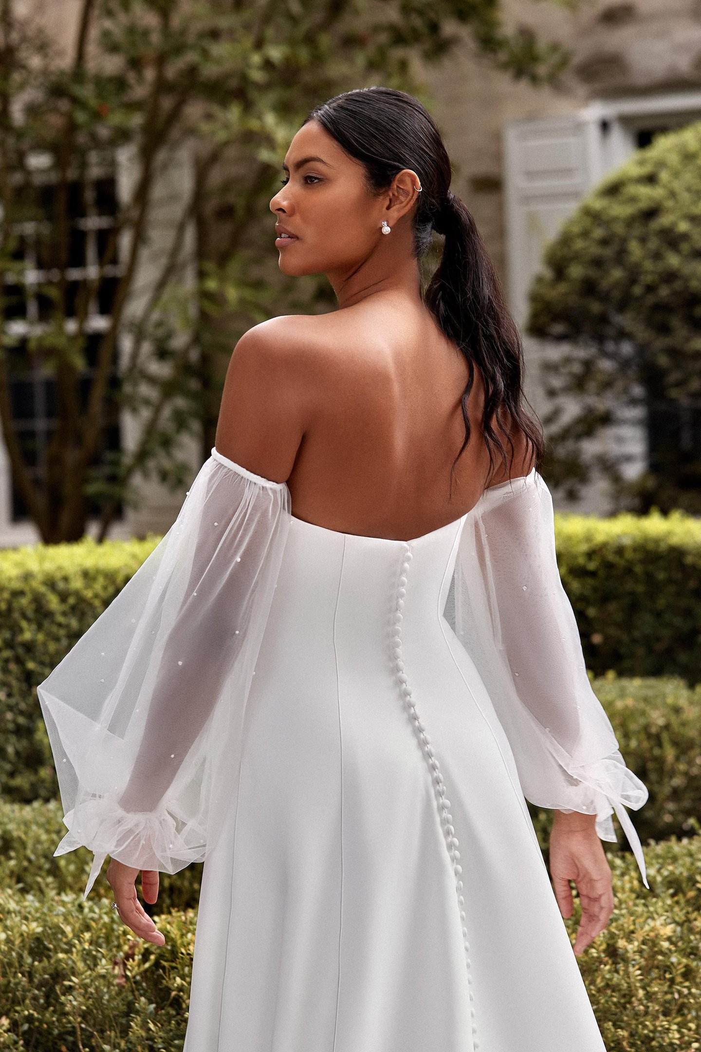 Sincerity Bridal Style 44268SL Off the Shoulder Tulle Blouson Sleeves with Floating Pearls