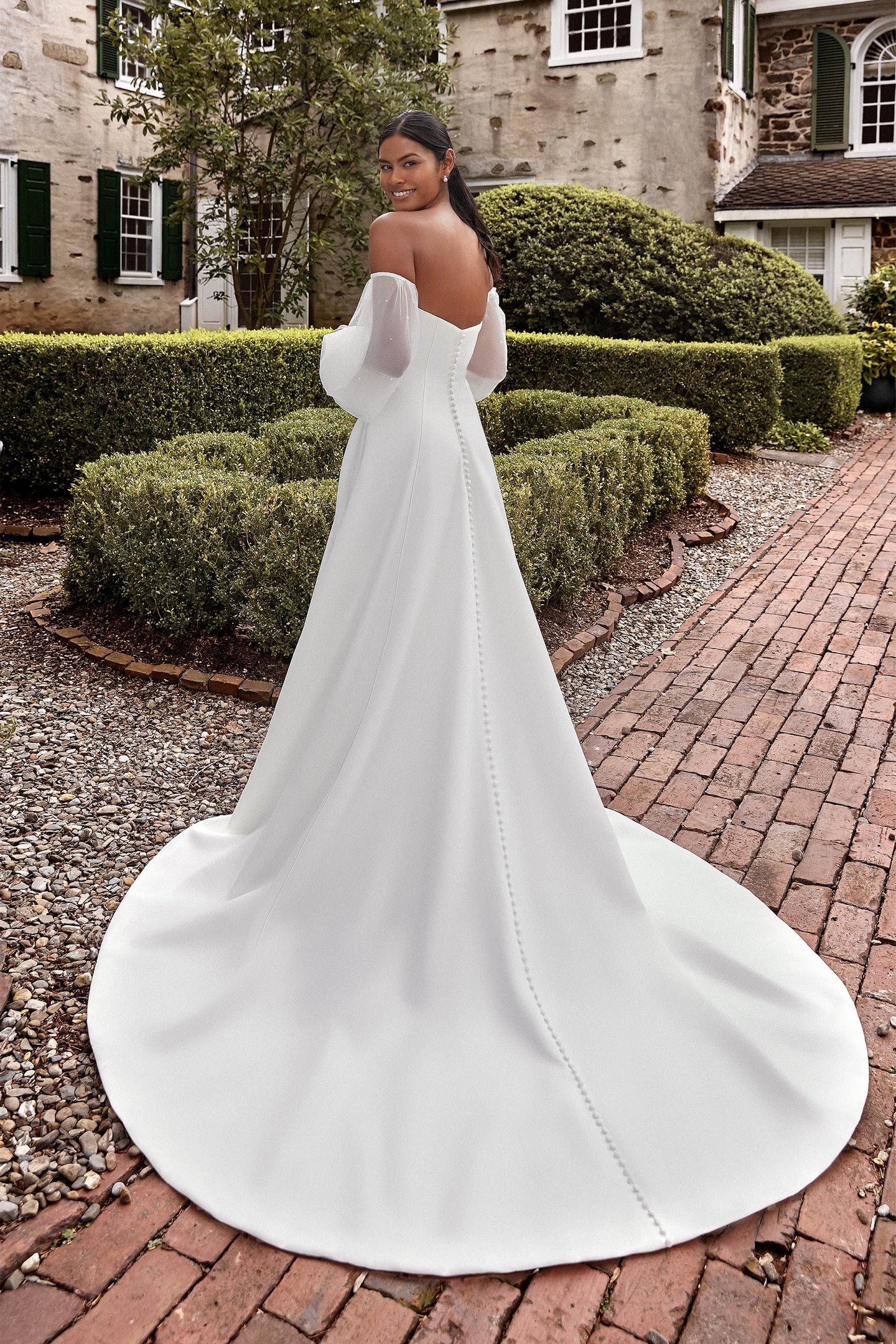 Sincerity Bridal Style 44268SL Off the Shoulder Tulle Blouson Sleeves with Floating Pearls