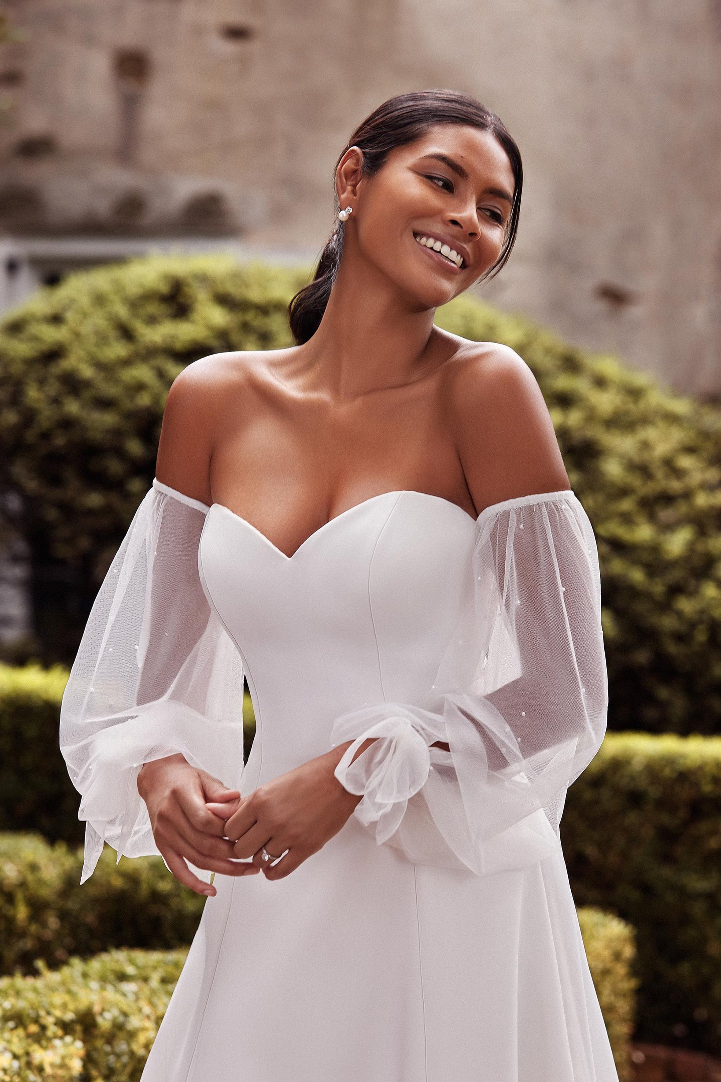 Sincerity Bridal Style 44268SL Off the Shoulder Tulle Blouson Sleeves with Floating Pearls