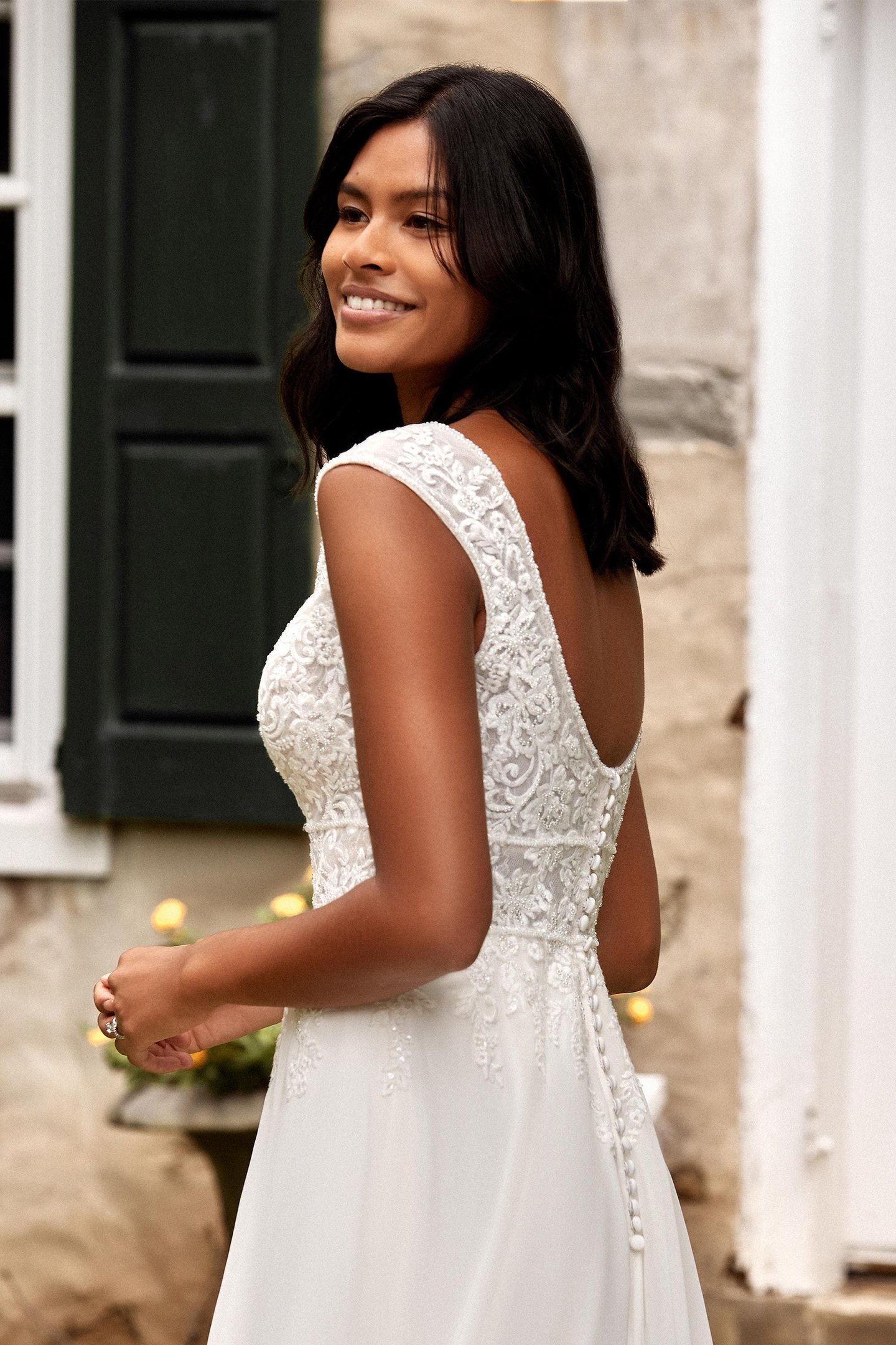 Sincerity Bridal Style 44275 Cap Sleeve Chiffon A-Line Bridal Gown with Slit and Cutout Train