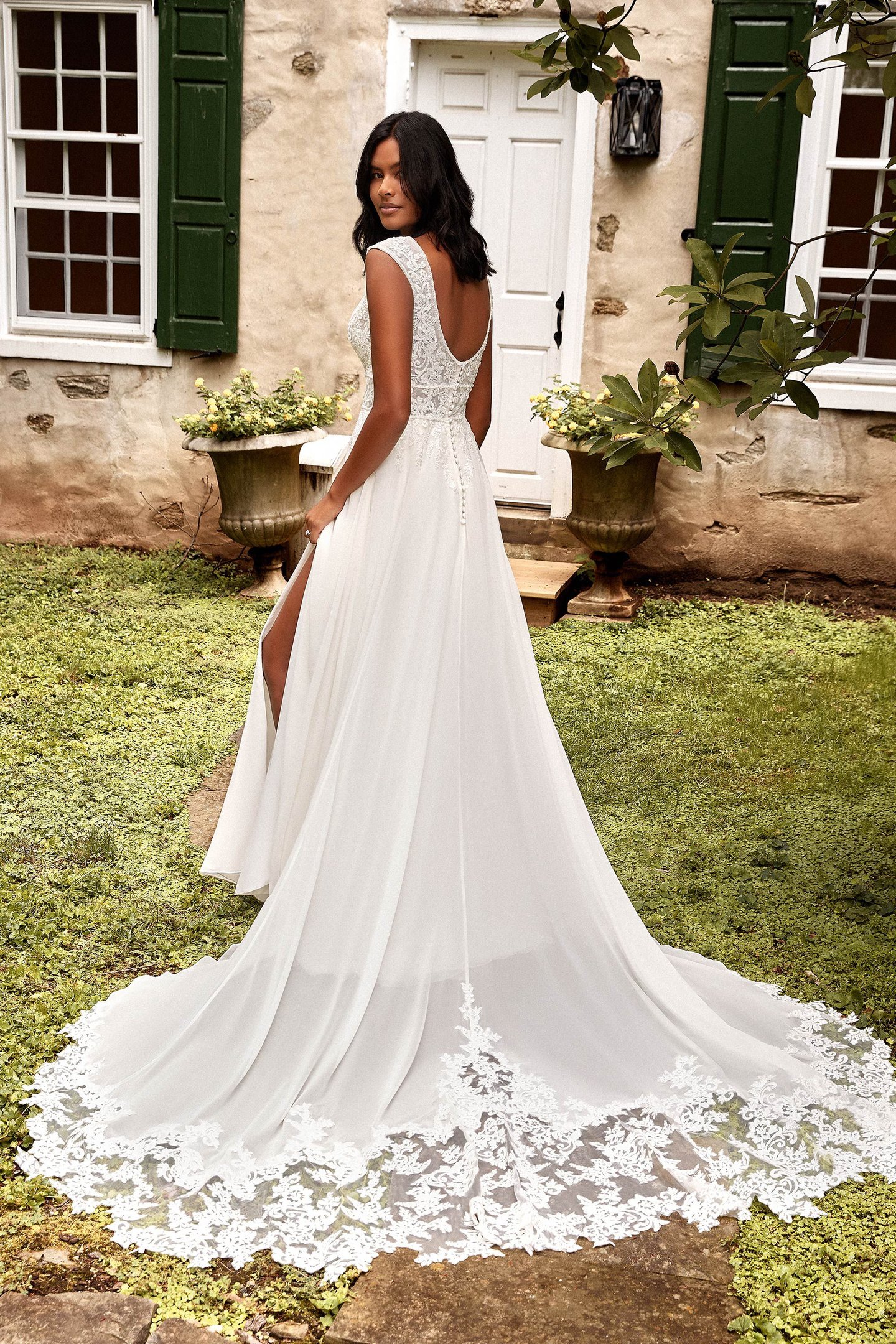 Sincerity Bridal Style 44275 Cap Sleeve Chiffon A-Line Bridal Gown with Slit and Cutout Train