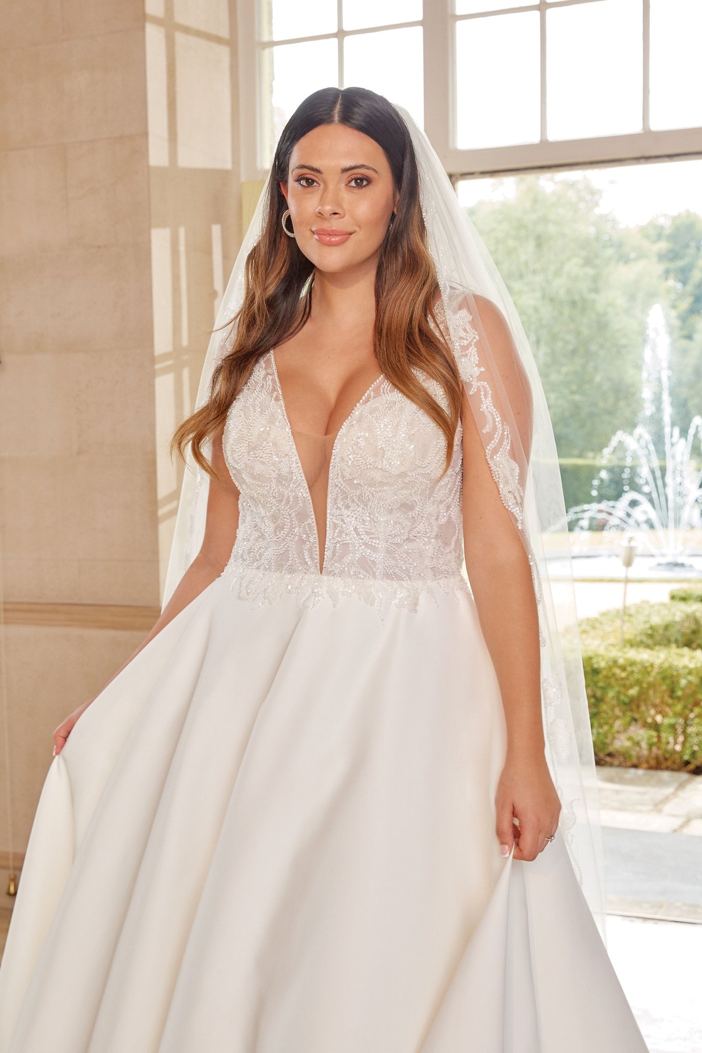 Sinceriy Bridal Style 44276PS Beaded Plus Size Satin Ball Gown with Plunging V-Neckline
