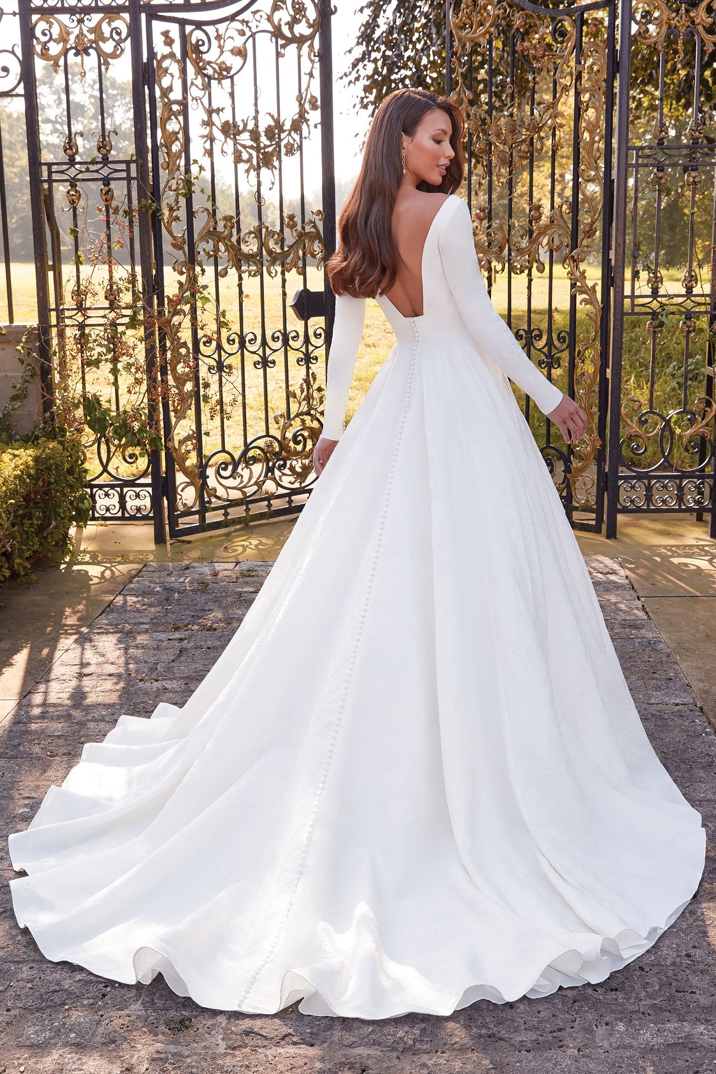 44326: Floral Brocade Long Sleeve Bridal Ball Gown
