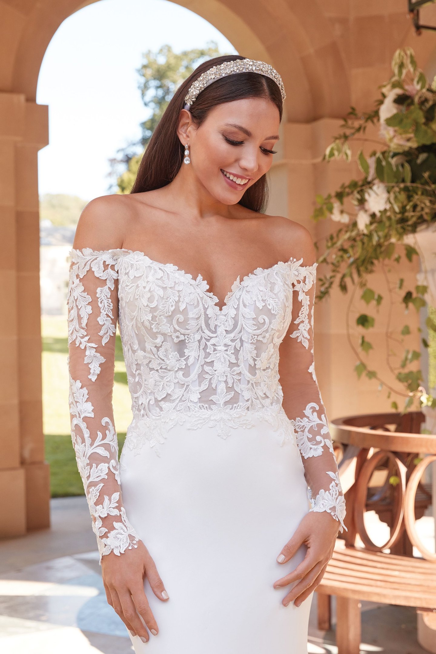Sincerity Bridal Style 44327 Long Sleeve Off the Shoulder Stretch Crepe Bridal Gown