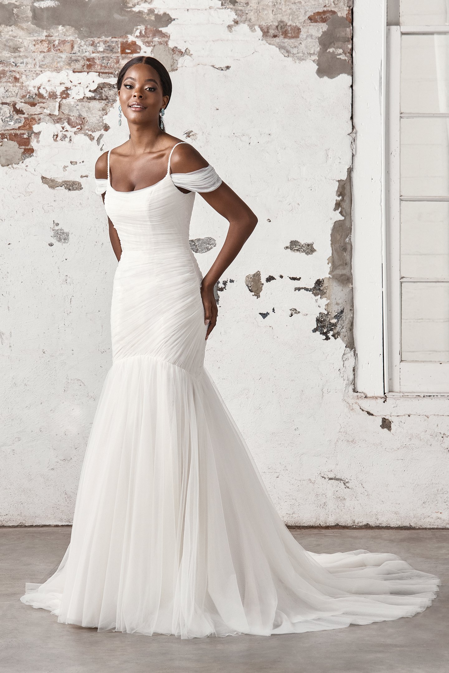 44396: Ruched Tulled Trumpet Bridal Gown with Beaded