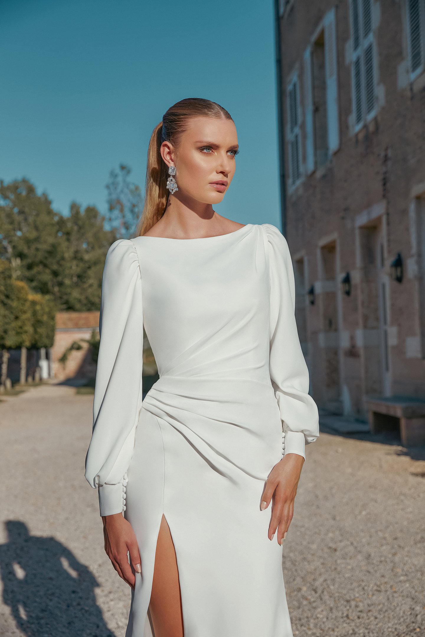 Sincerity Bridal Style 44450SL Detachable Stretch Crepe Bishop Sleeves with Puff at Shoulders
