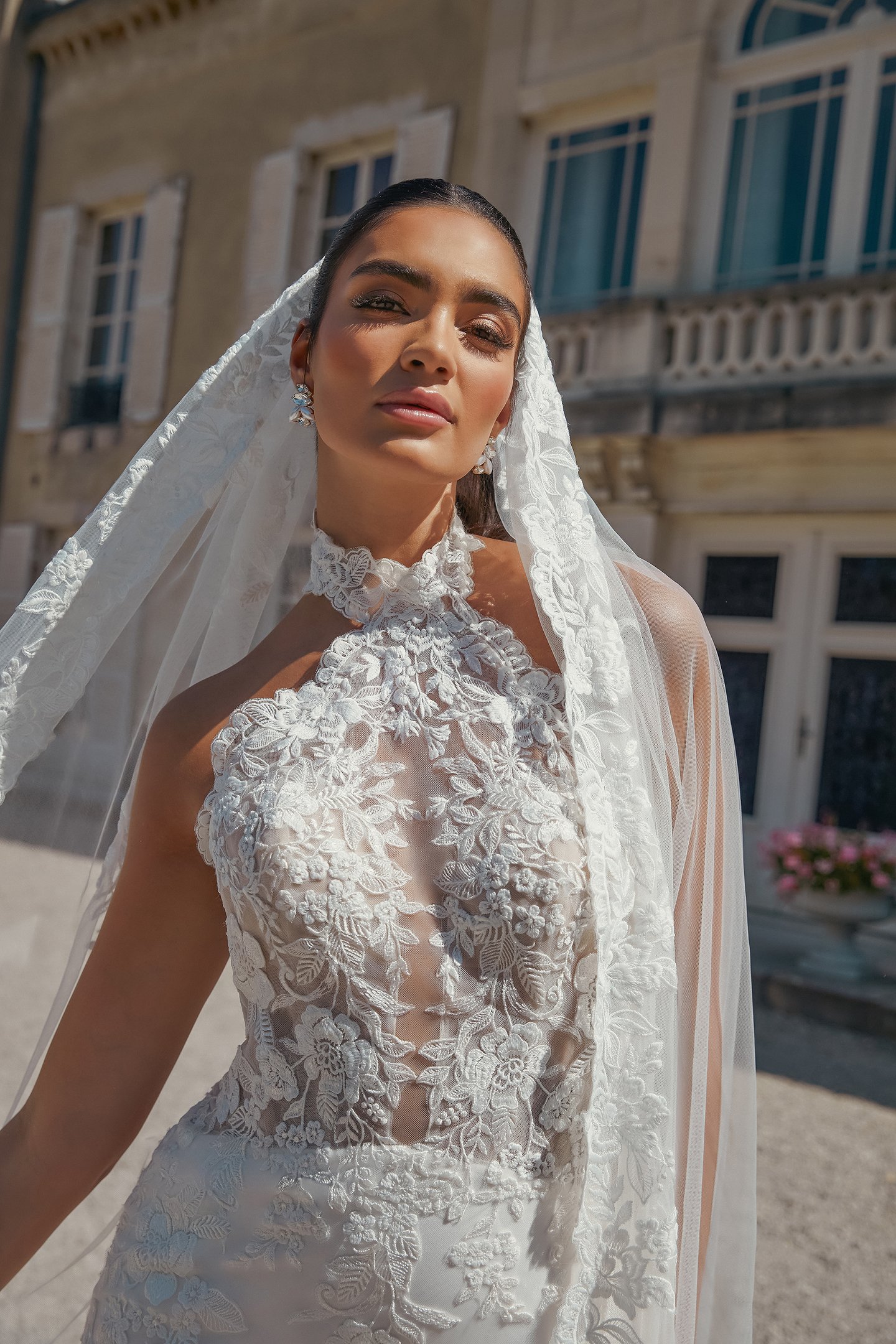 Sincerity Bridal Style 44467 Fit and Flare Gown with Plunging Halter Neckline with Sheer Bodice