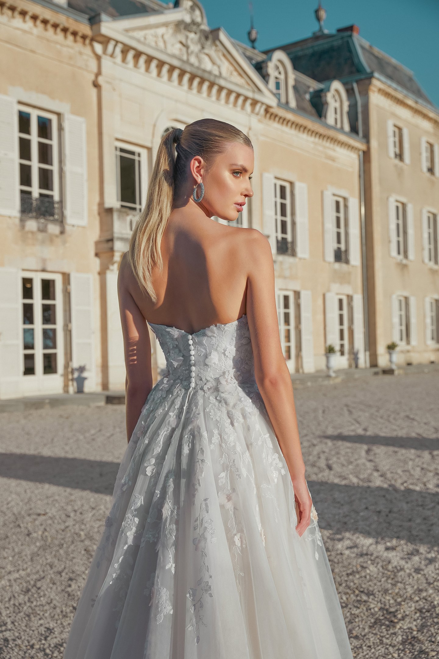 Sincerity Bridal Style 44472 Strapless A-Line Gown with Notch Neckline and Allover Lace Appliqués