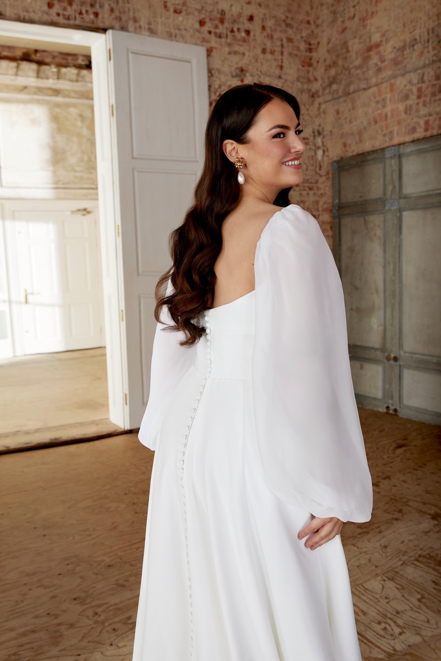 Sincerity Bridal Style 44509PS Plus Size Satin A Line with Pleated Bodice and Chiffon Blouson Sleeves