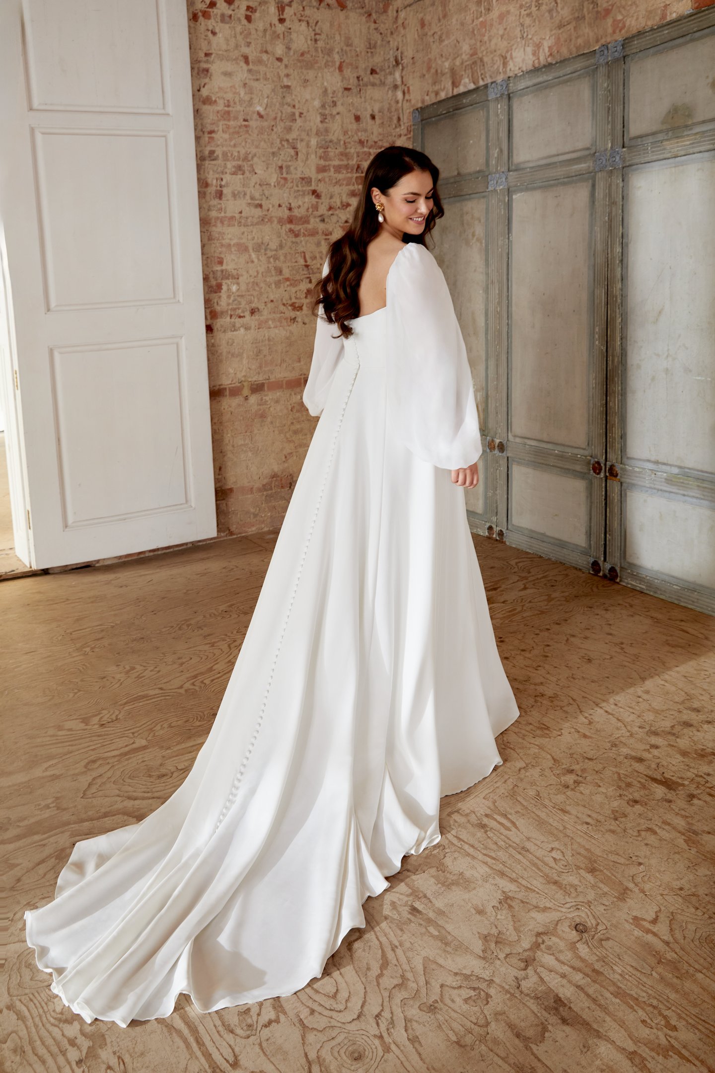 Sincerity Bridal Style 44509PS Plus Size Satin A Line with Pleated Bodice and Chiffon Blouson Sleeves