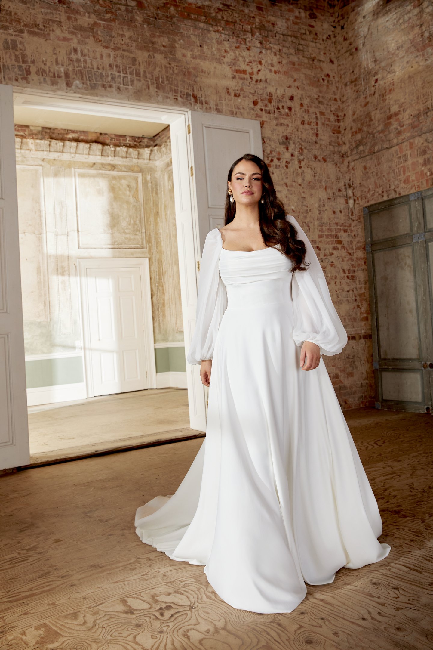 Sincerity Bridal Style 44509PS Plus Size Satin A Line with Pleated Bodice and Chiffon Blouson Sleeves