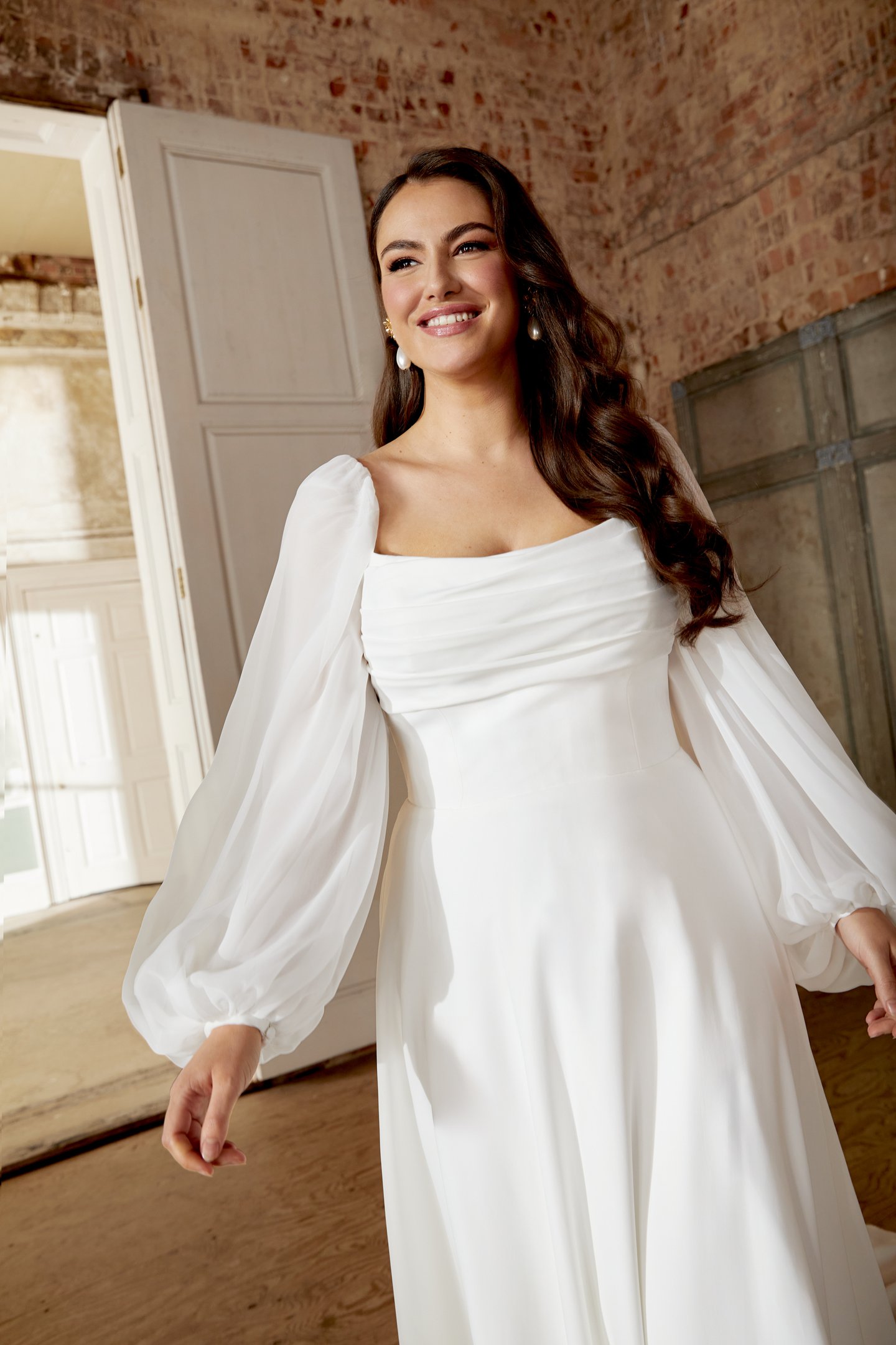 Sincerity Bridal Style 44509PS Plus Size Satin A Line with Pleated Bodice and Chiffon Blouson Sleeves