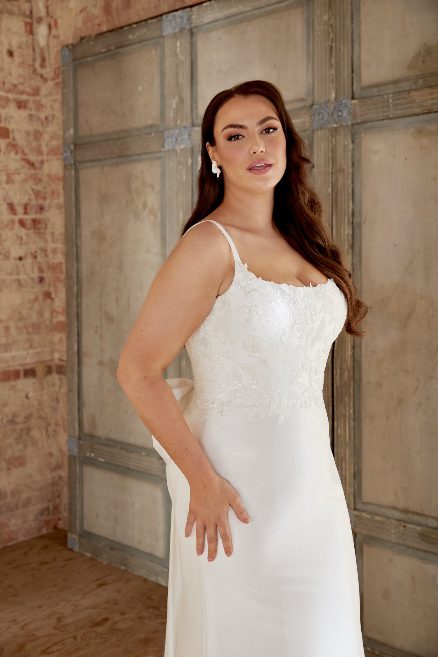Sincerity Bridal Style 44510PS Plus Size Mikado Fit and Flare with Spaghetti Straps and Beaded Lace Appliqués