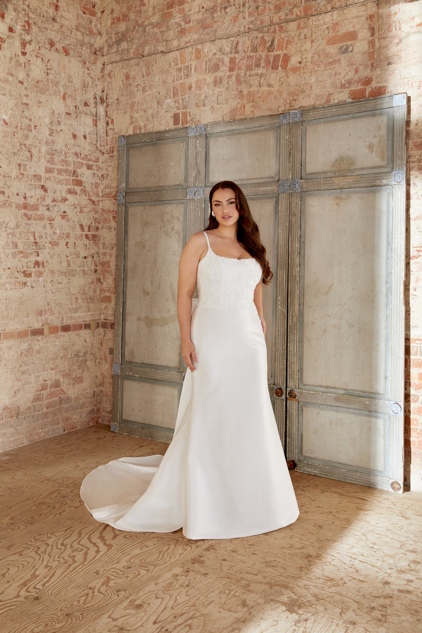 Sincerity Bridal Style 44510PS Plus Size Mikado Fit and Flare with Spaghetti Straps and Beaded Lace Appliqués
