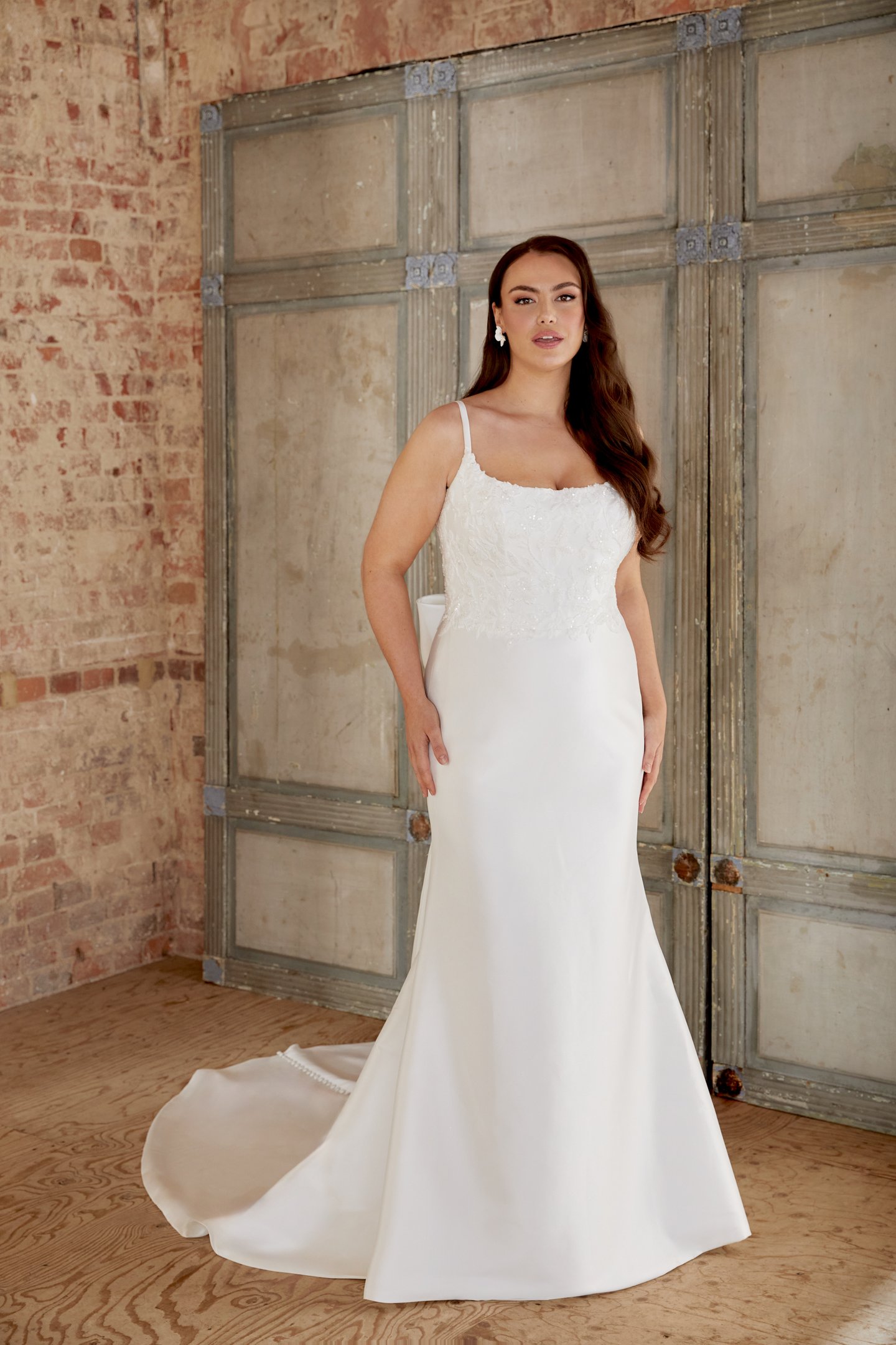 Sincerity Bridal Style 44510PS Plus Size Mikado Fit and Flare with Spaghetti Straps and Beaded Lace Appliqués