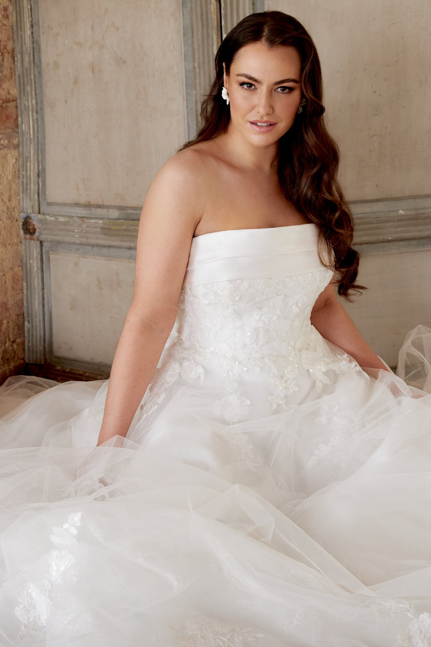 Sincerity Bridal Style 44515PS Plus Size Tulle Ballgown with Cuff Neckline and Sequined Lace Appliqués